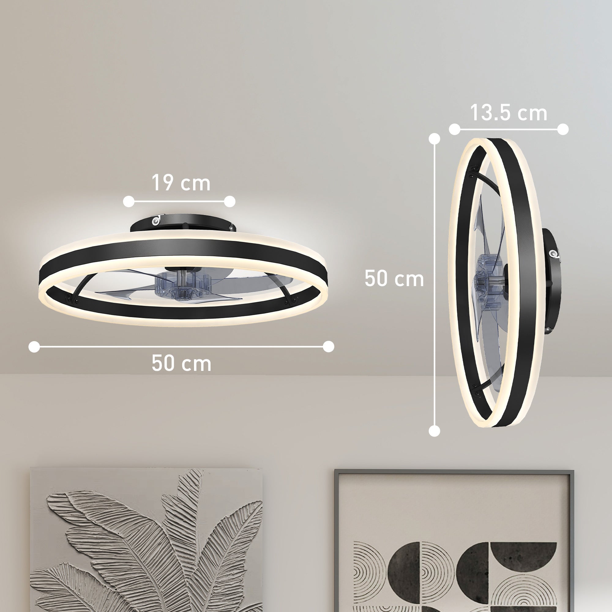 HOMCOM Ceiling Fan with Light and Remote, LED Mount Ceiling Fan with 3 Colour Temperatures, 6 Speed, 50 cm, Black