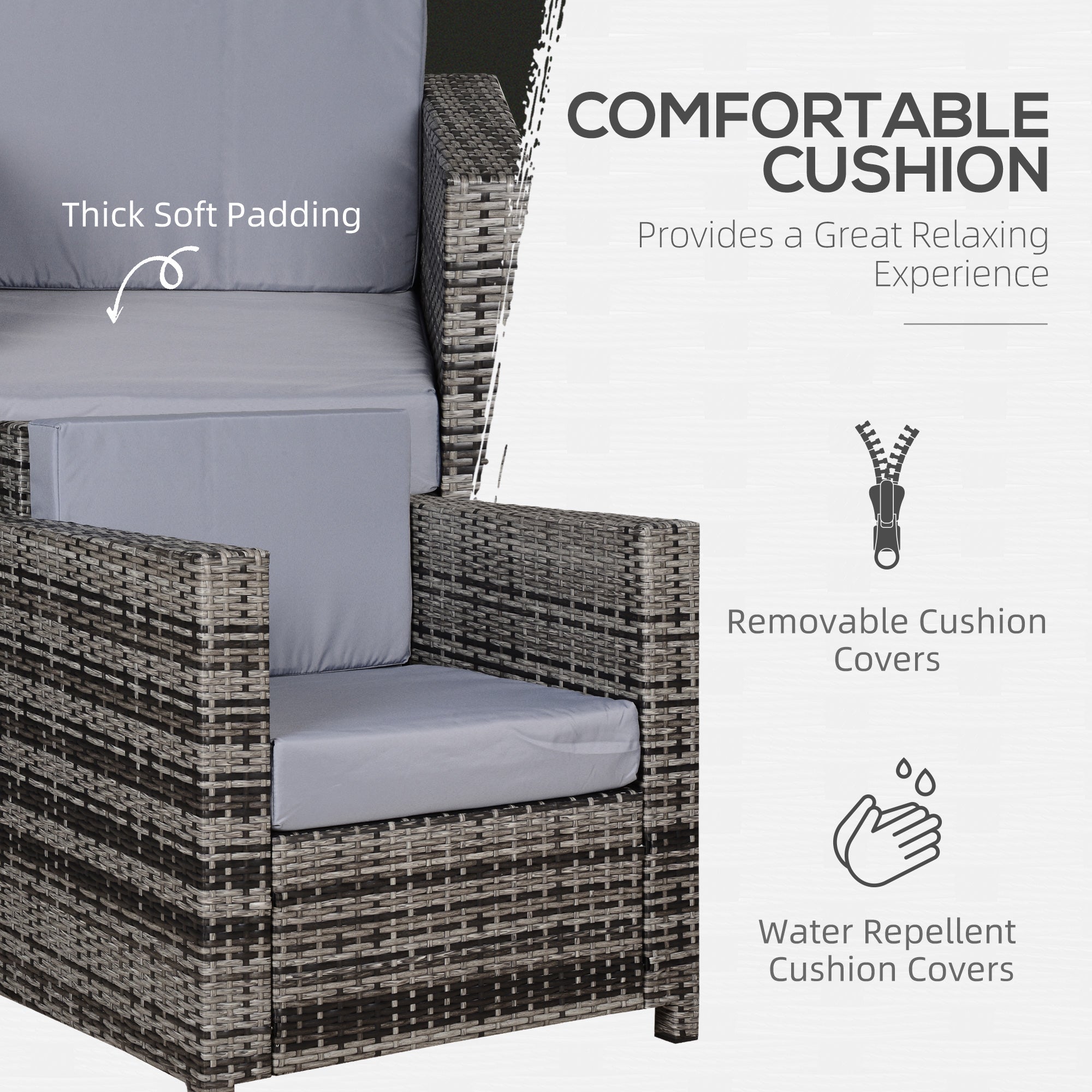 Outsunny Rattan Garden Armchair 10cm Cushion Outdoor Single Chair with Steel Frame, Grey