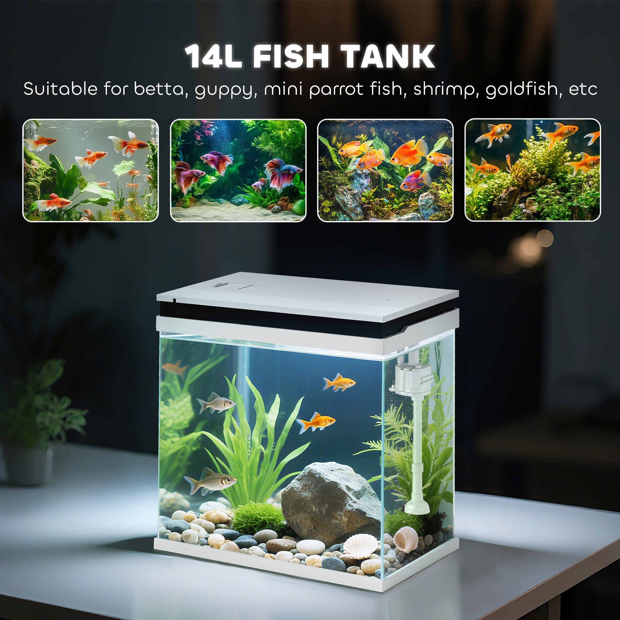 PawHut 14L Glass Fish Tank With Filter System, LED Lights, Water Pump, White