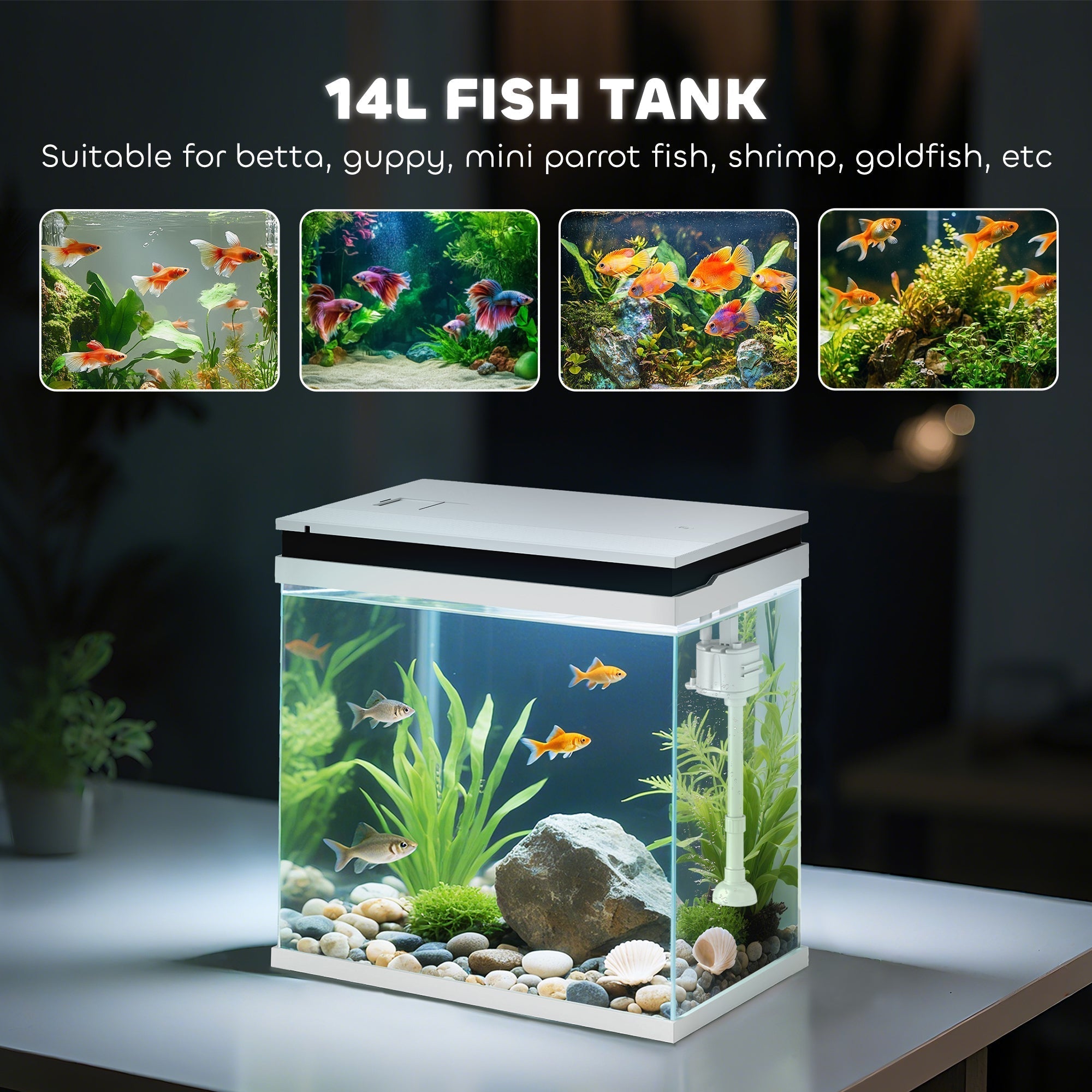 PawHut 14L Glass Fish Tank With Filter System, LED Lights, Water Pump, White