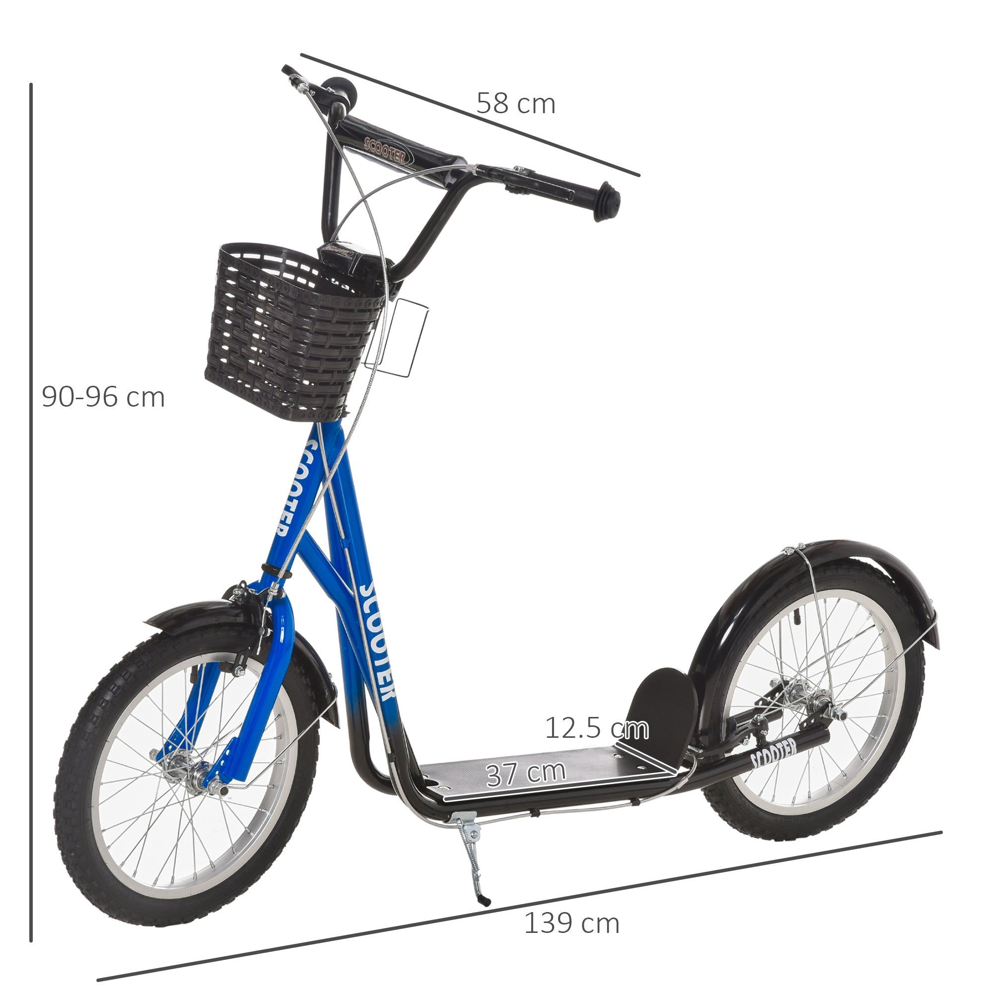 HOMCOM Kids Scooter, Kick Stunt Scooter with Adjustable Handlebar, Dual Brakes, Basket, Cupholder, Mudguard, 16" Inflatable Rubber Wheels, for 5-12 years, Blue