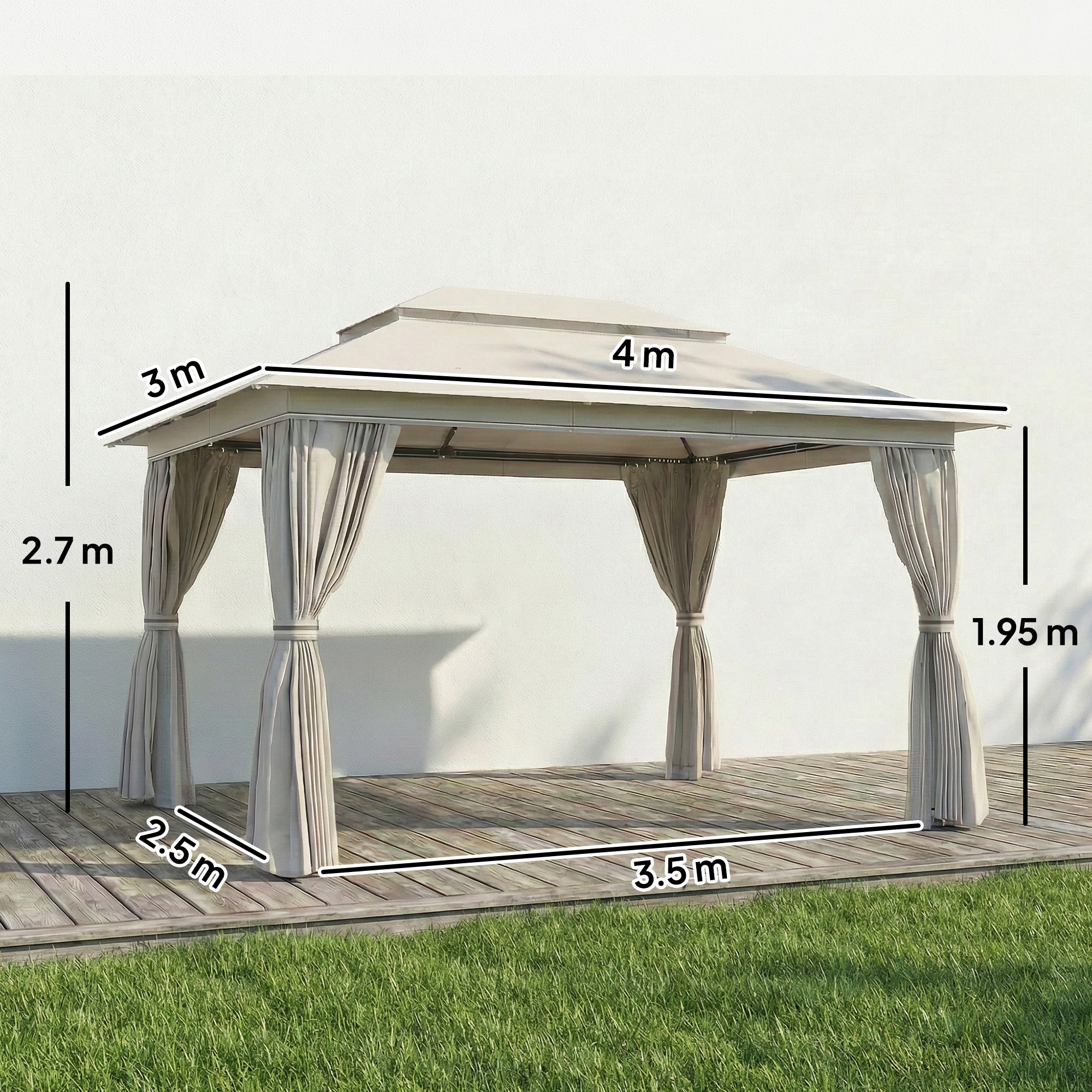 Outsunny 3 x 4 m Outdoor Garden Gazebo with Netting and Curtains, UPF50+ Patio Gazebo Permanent Pavilion Canopy, Beige