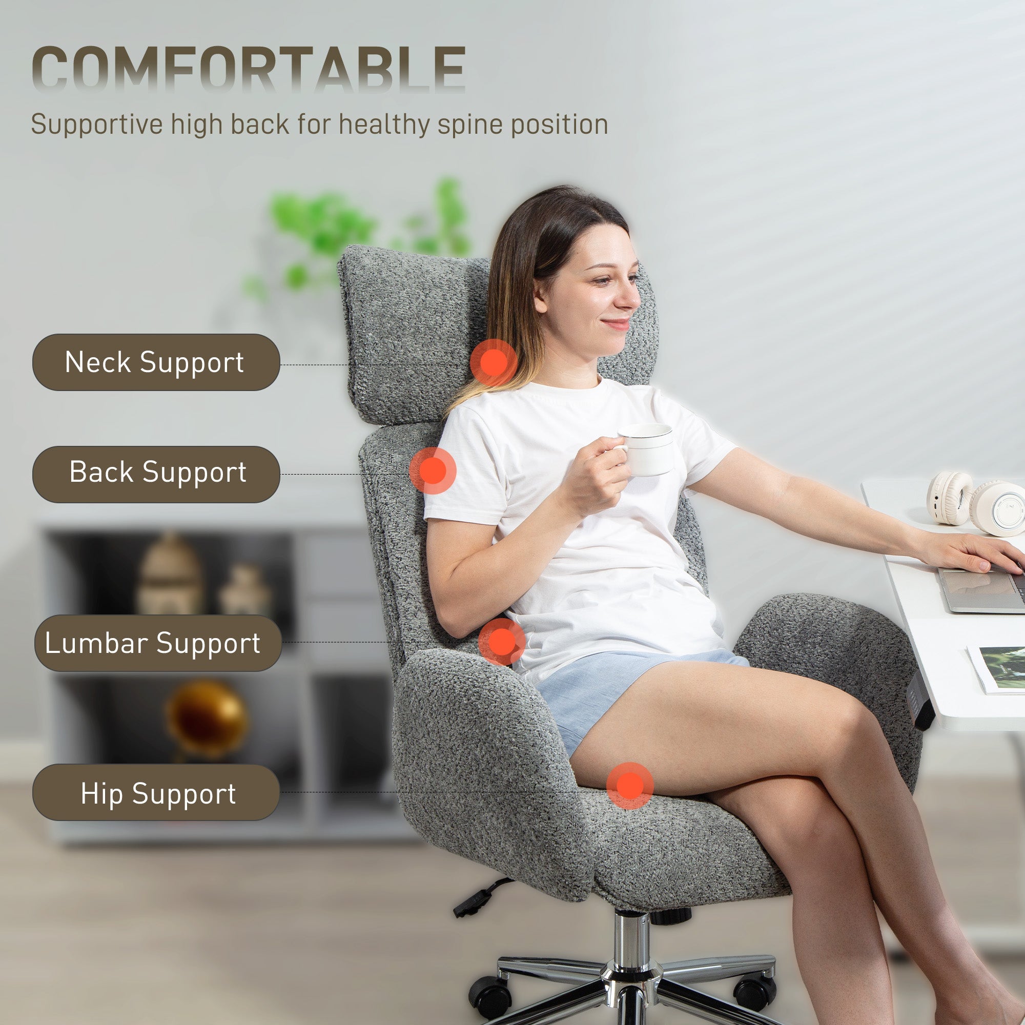 HOMCOM Office Chair with Adjustable Headrest, Spring Pack, Curved Line, Boucle Fabric - Charcoal Grey