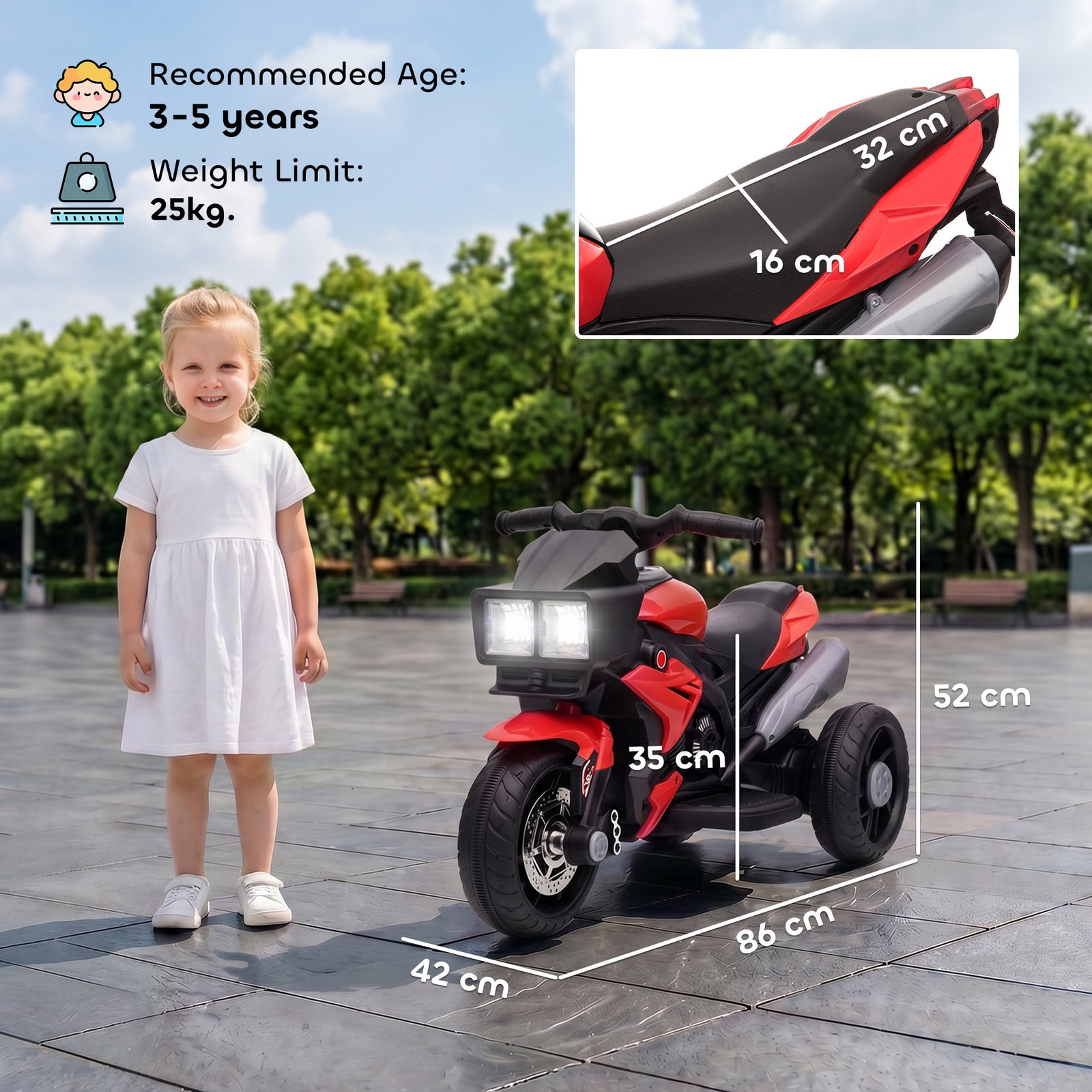 AIYAPLAY Kids Electric Motorcycle Ride-On Toy, 3-Wheel Battery-Operated Motorbike with Horn, Toddler Ride On Bike, Red