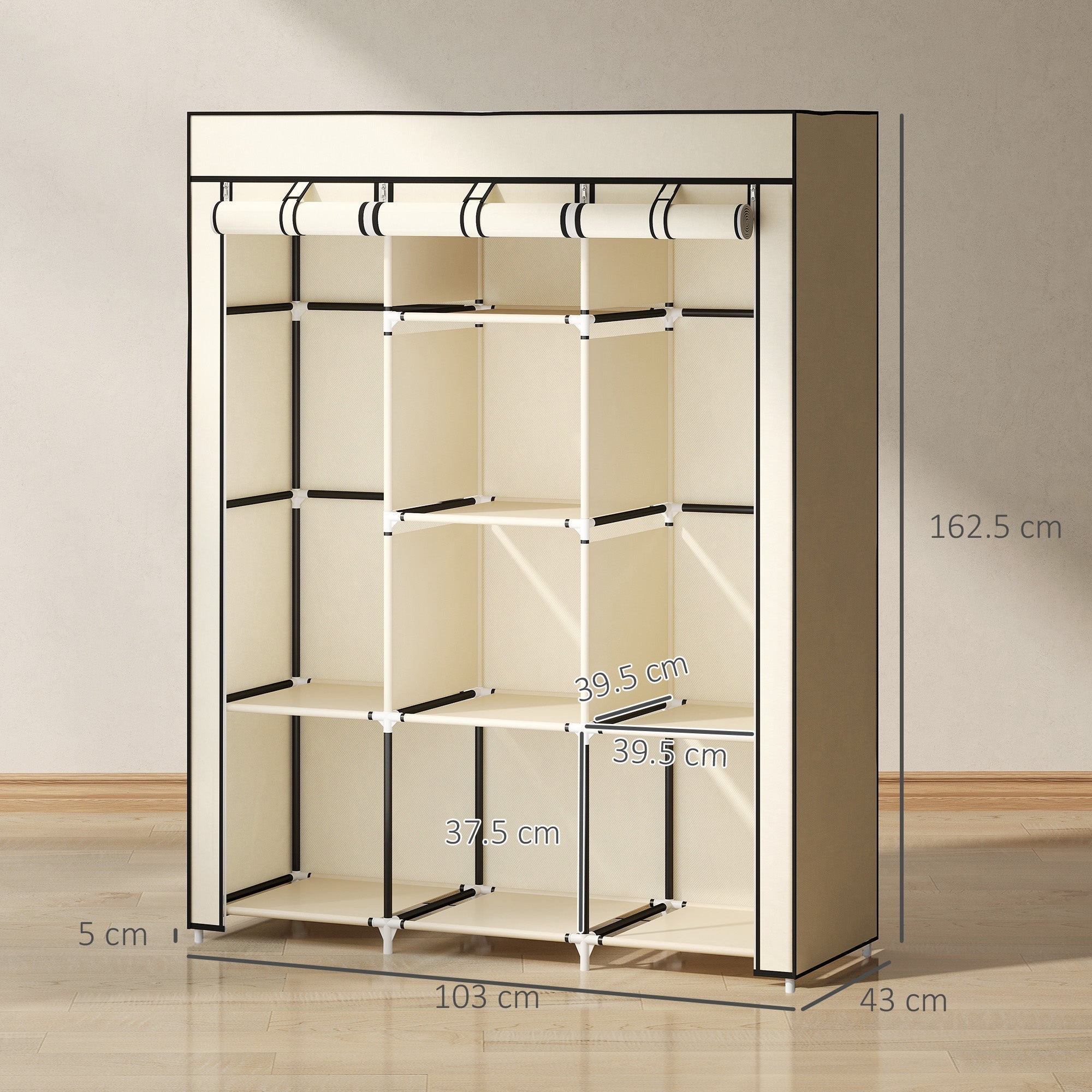 HOMCOM Fabric Wardrobe, with Rails and Shelves - Cream White