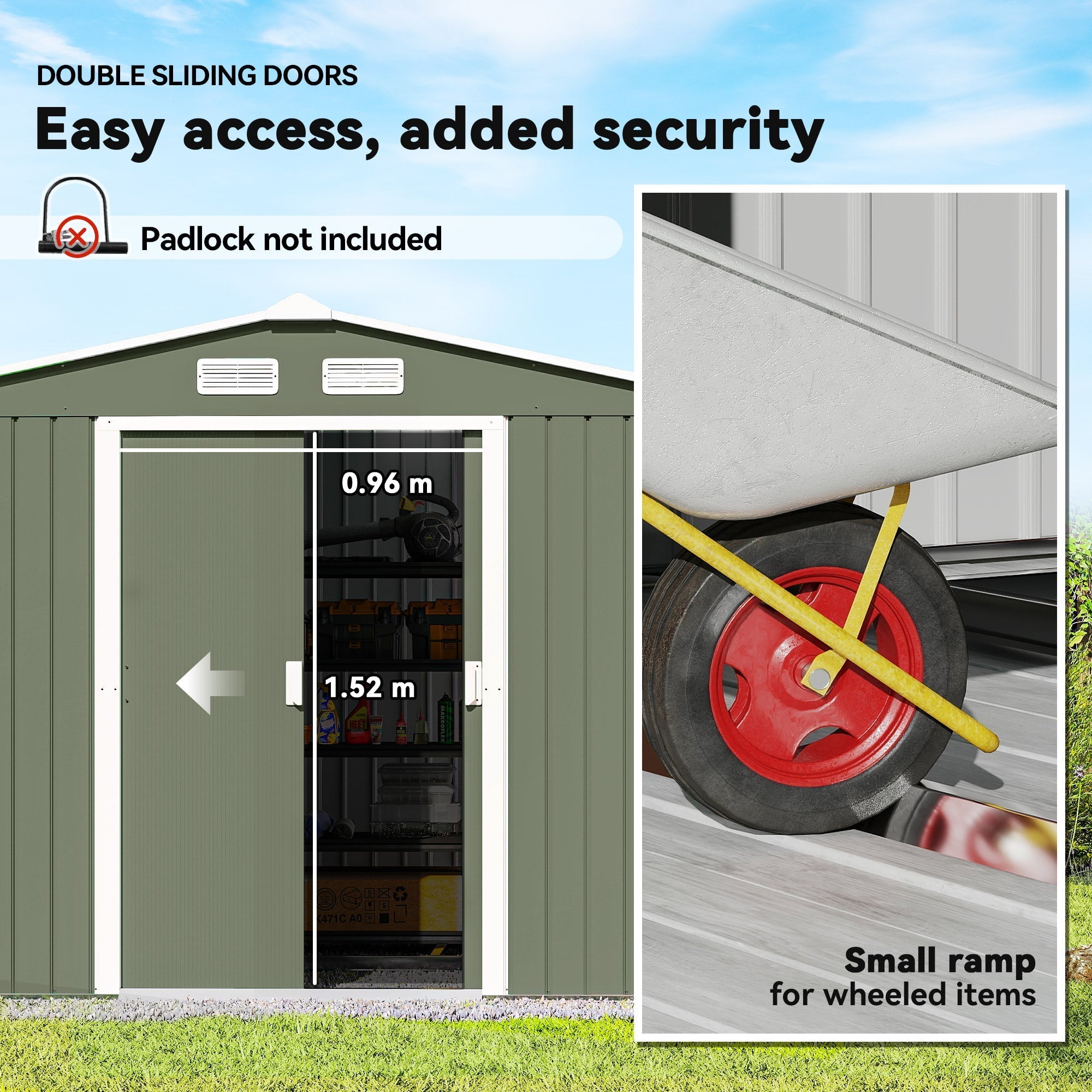 Outsunny 9 x 6ft Metal Garden Shed, Outdoor Storage Tool House with Ventilation Slots, Foundation Kit and Lockable Double Doors, Light Green