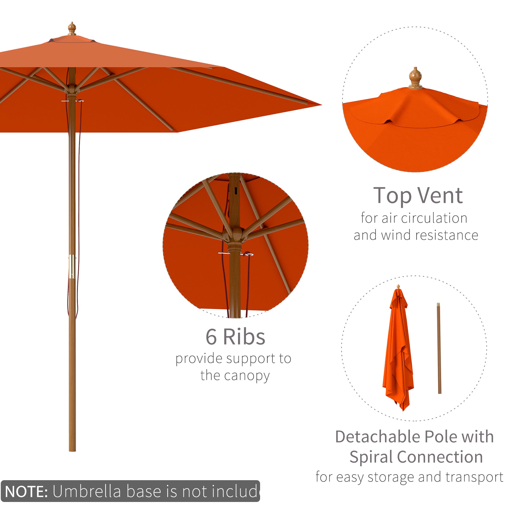 Outsunny 2.5m Wood Garden Parasol Sun Shade Patio Outdoor Wooden Umbrella Canopy, Table Market Umbrella with Vent, 38mm Pole, Rope Pulley Mechanism, Orange