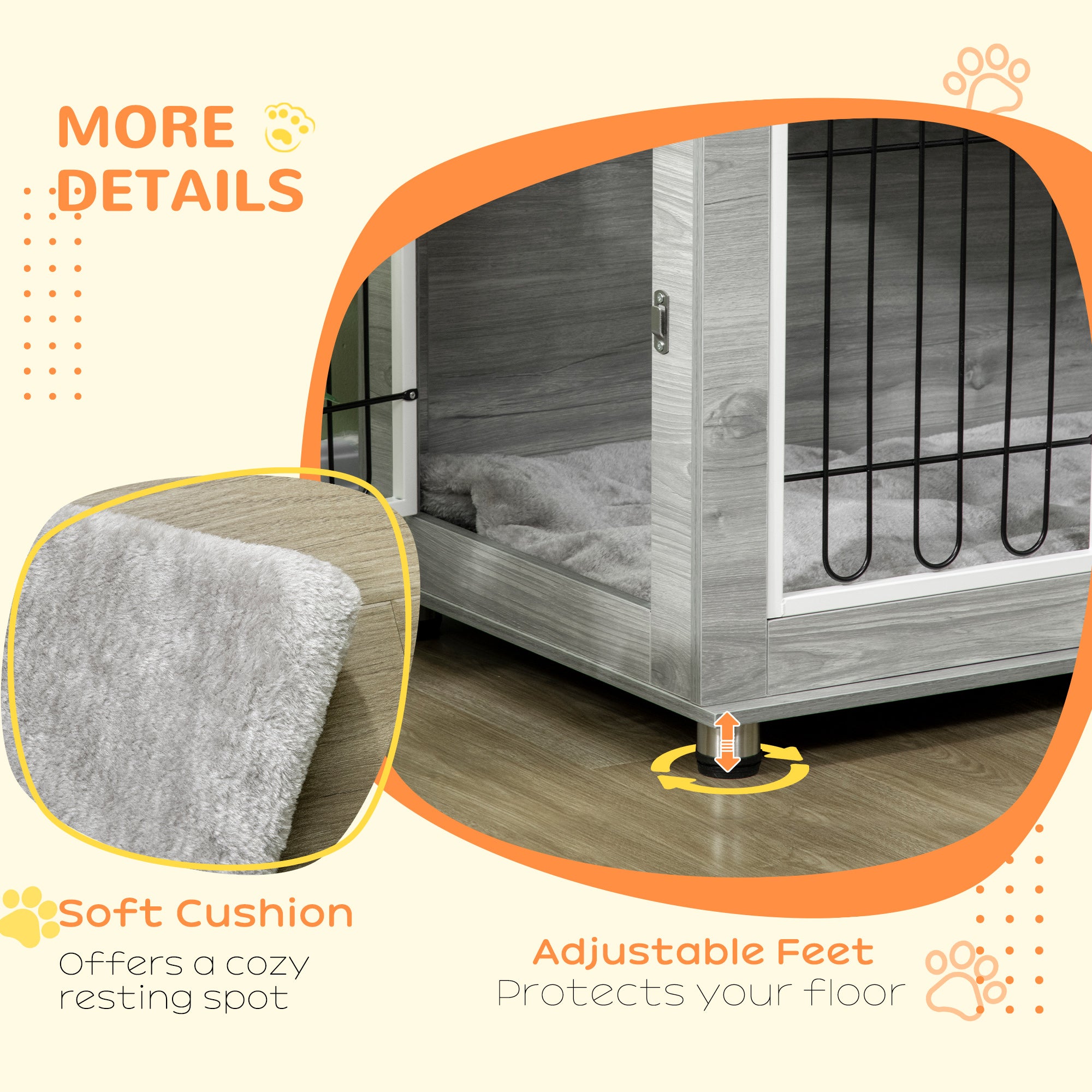 PawHut Dog Crate Furniture End Table, with Washable Cushion, Double Doors, for Medium/Large Dogs, Grey