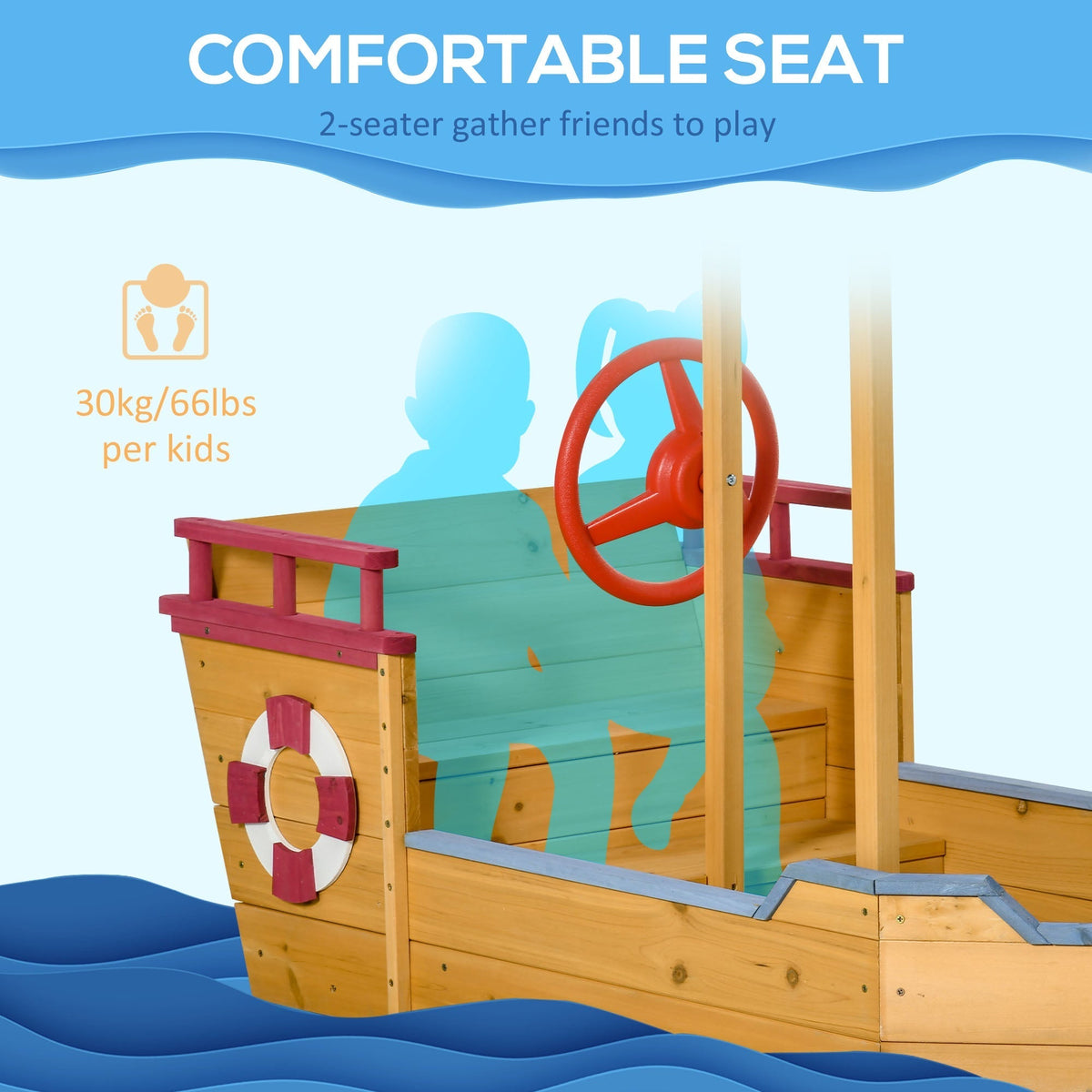 Outsunny Kids Wooden Sandpit, Children Sandbox Pirate Ship, Sandboat Play Station for Outdoor w/ Canopy Shade Storage Bench Bottom Liner