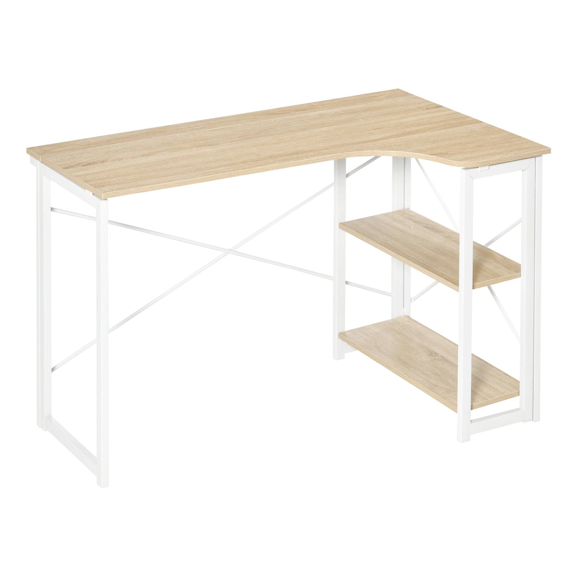 HOMCOM Folding Desk, L Shaped Desk, Corner Computer Desk with 2-Tier Storage Shelf for Home Office, Study Room, Workstation, Easy Assembly, 120 x 72.5 x 76.5cm, Oak Tone