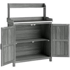 Outsunny Wooden Potting Bench Table with Aluminium Worktop, Outdoor Garden Workbench with Top Shelf and Cabinet Storage