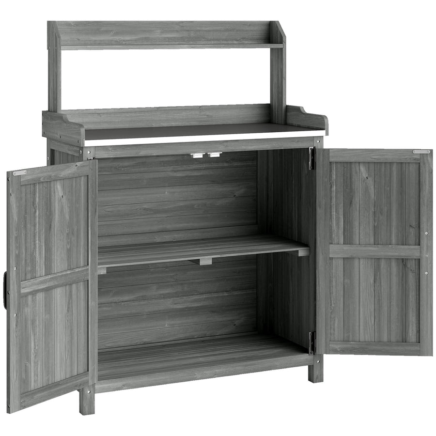 Outsunny Wooden Potting Bench Table with Aluminium Worktop, Outdoor Garden Workbench with Top Shelf and Cabinet Storage
