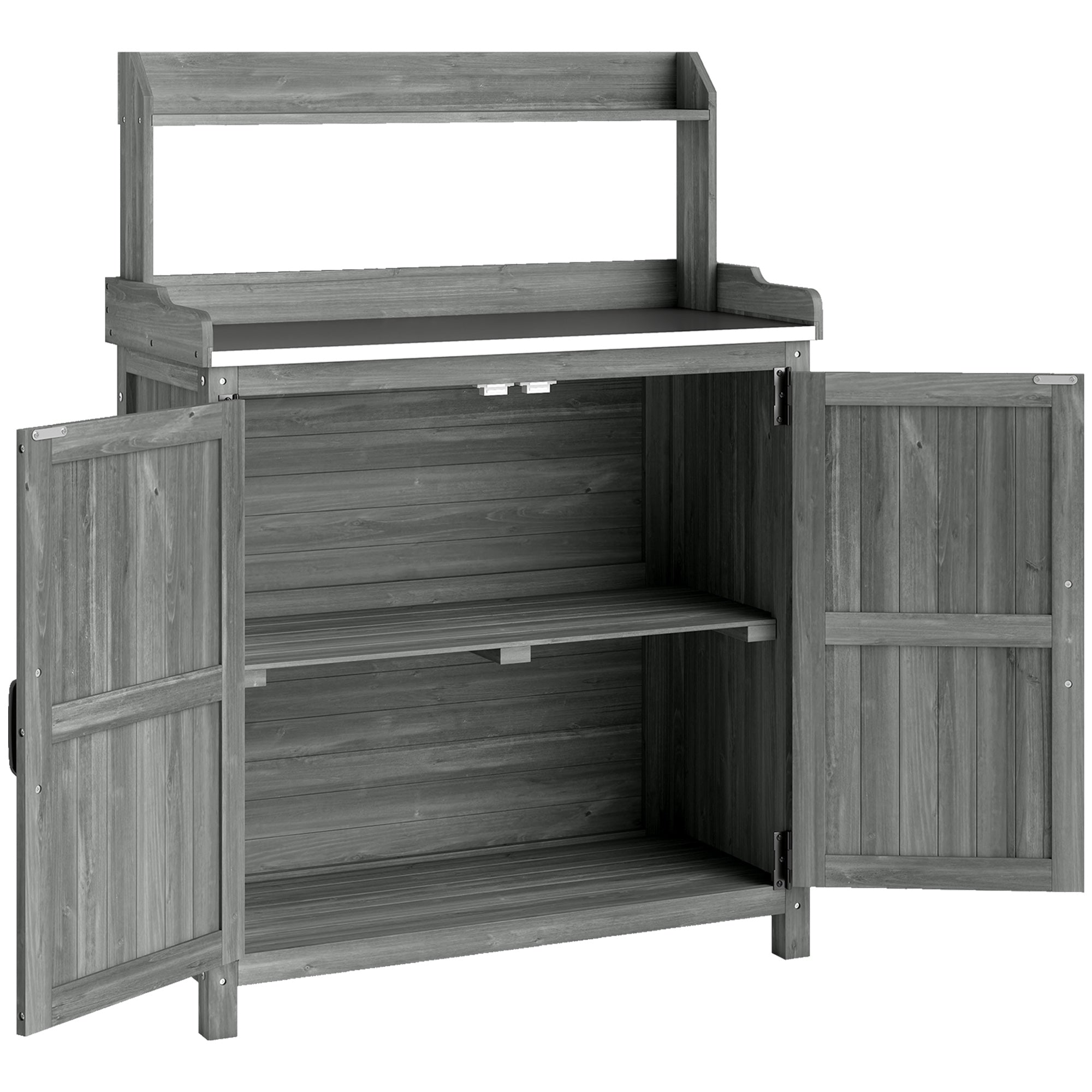 Outsunny Wooden Potting Bench Table with Aluminium Worktop, Outdoor Garden Workbench with Top Shelf and Cabinet Storage