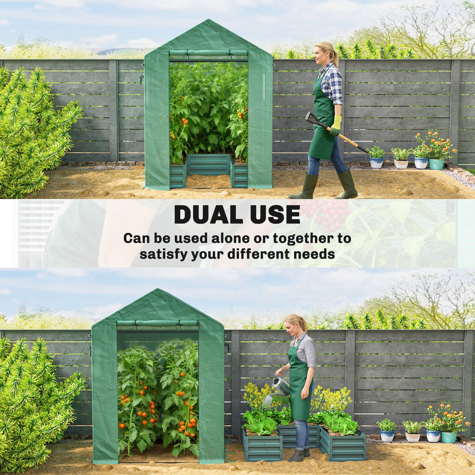 Outsunny Mini Greenhouse with Raised Garden Bed, Galvanised Walk-in Greenhouse with Roll Up Windows, 56" x 56" x 75", Green