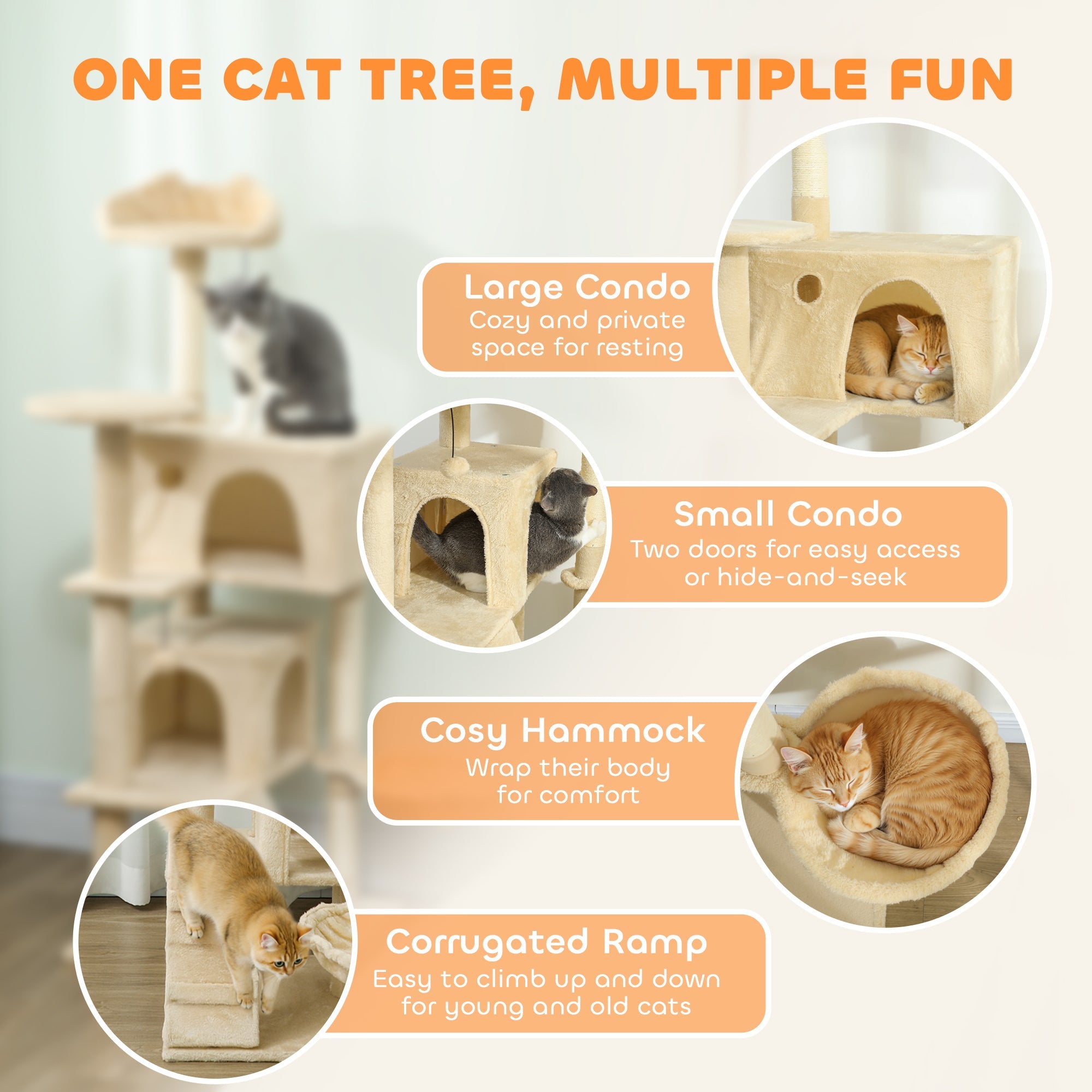 PawHut 140cm Large Cat Tree Tower with Sisal Scratching Posts, Plush Perches, Hammock, Beige