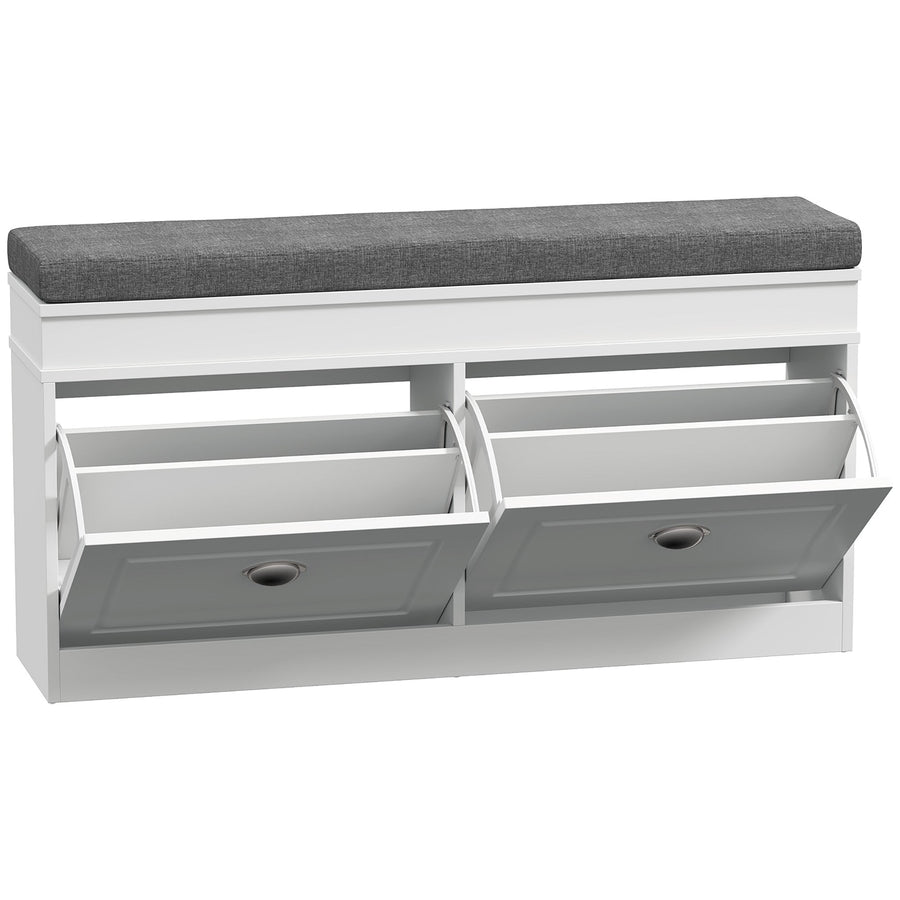 HOMCOM Shoe Storage Bench with Flip Drawers, Shoe Cabinet with Seat Cushion and Adjustable Shelf for Hallway, Entryway, Living Room, Bedroom, White