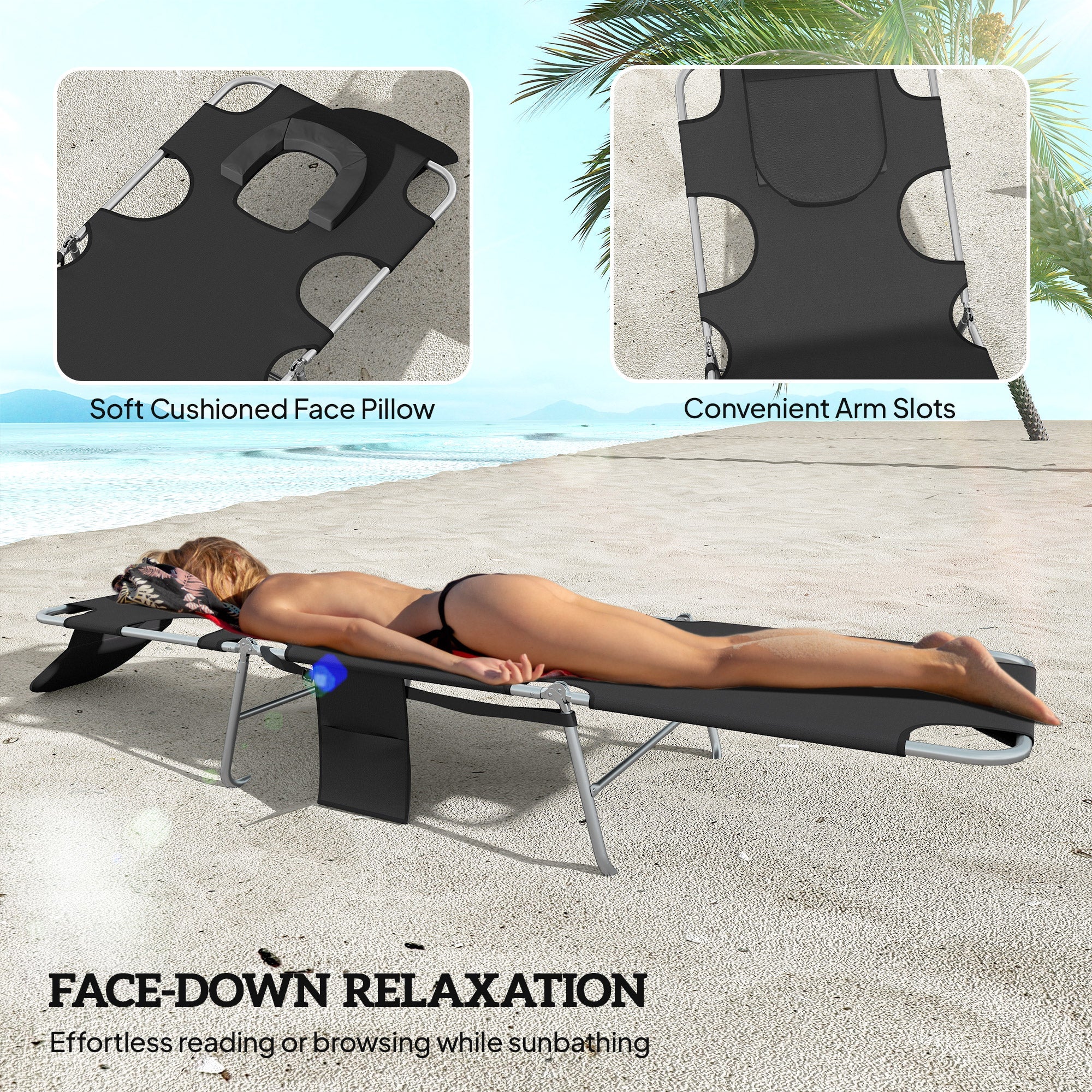 Outsunny 5-Position Adjustable Sun Loungers Set of 2 with Reading Hole and Side Pocket, Black