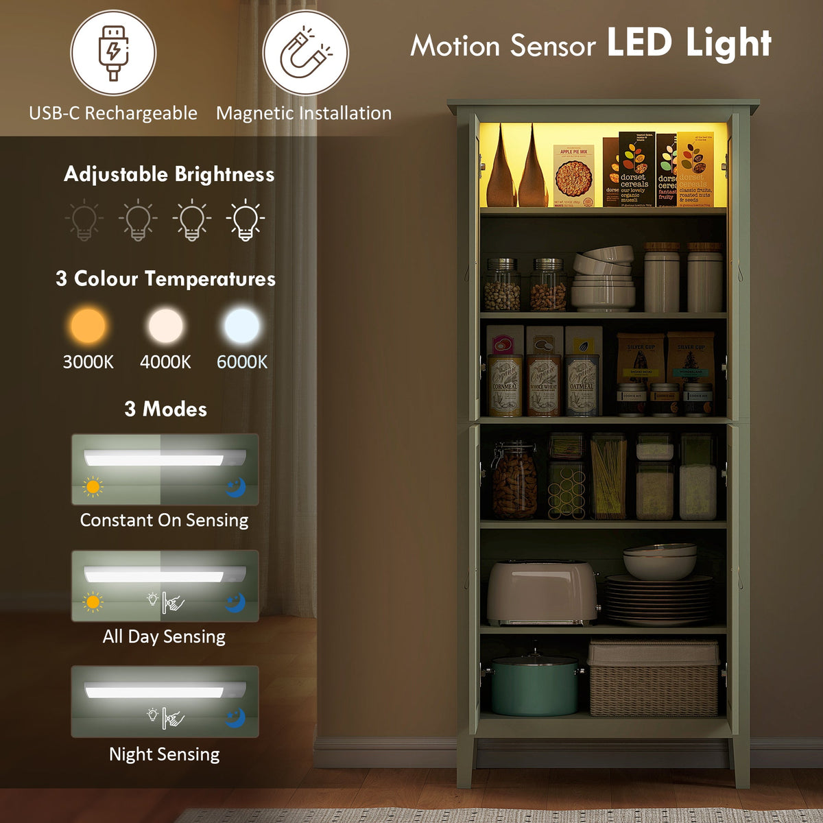 HOMCOM Tall Pantry Cupboard with Motion Sensor LED Light - Green - product image 4