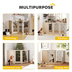 PawHut 4 Panel Freestanding Pet Gate, Indoor Dog Barrier with Lockable Door, Support Feet, 360° Flexible Hinges, Oak
