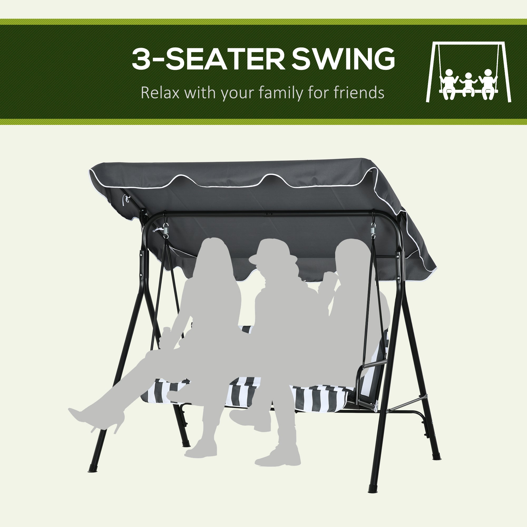 Outsunny 3 Seater Garden Swing Chair, Outdoor Swing Chair with Adjustable Canopy, Mental Frame & Cushions, Grey