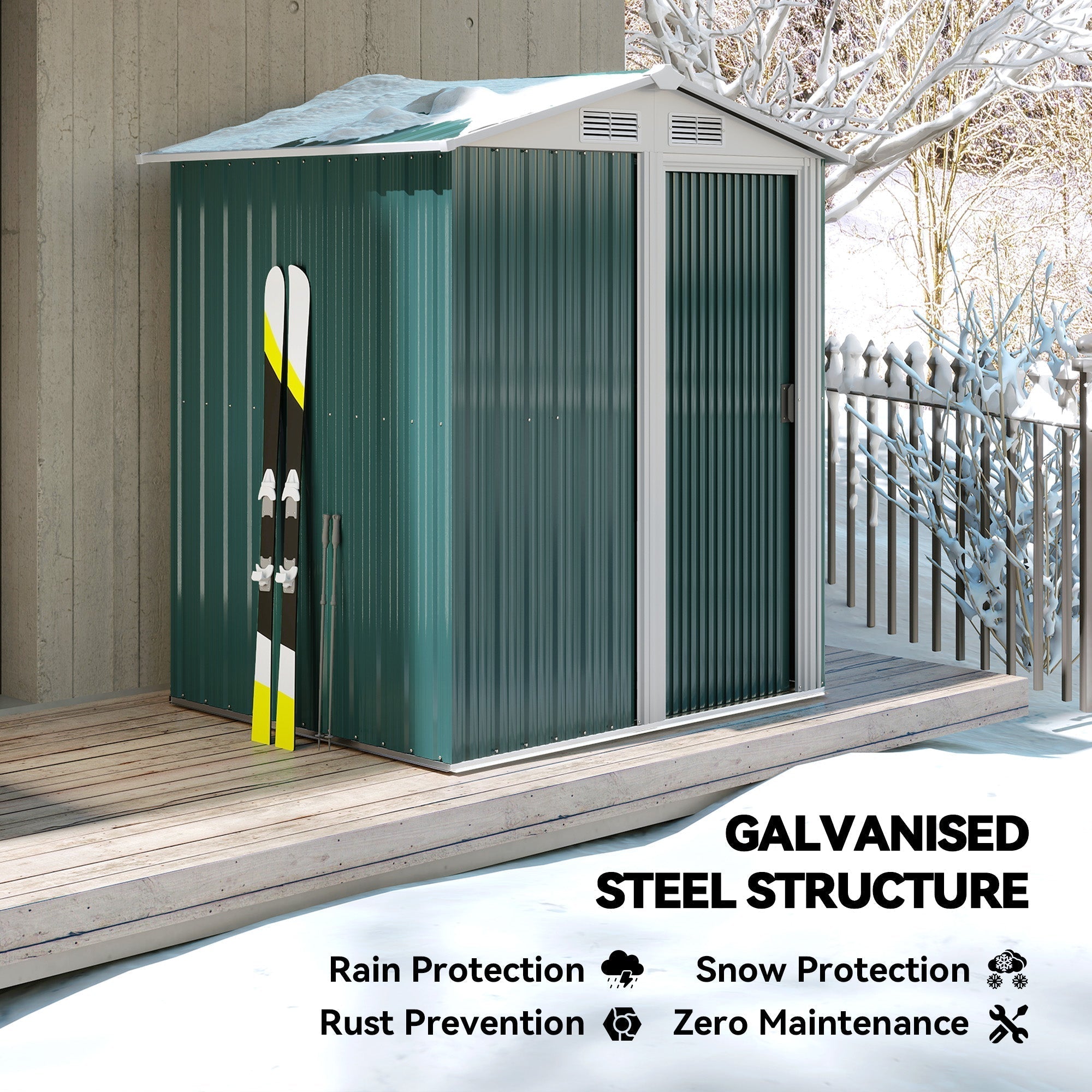 Outsunny Garden Metal Tool Storage Shed with Sliding Door, Sloped Roof and Floor Foundation, 152 x 132 x 188cm, Green