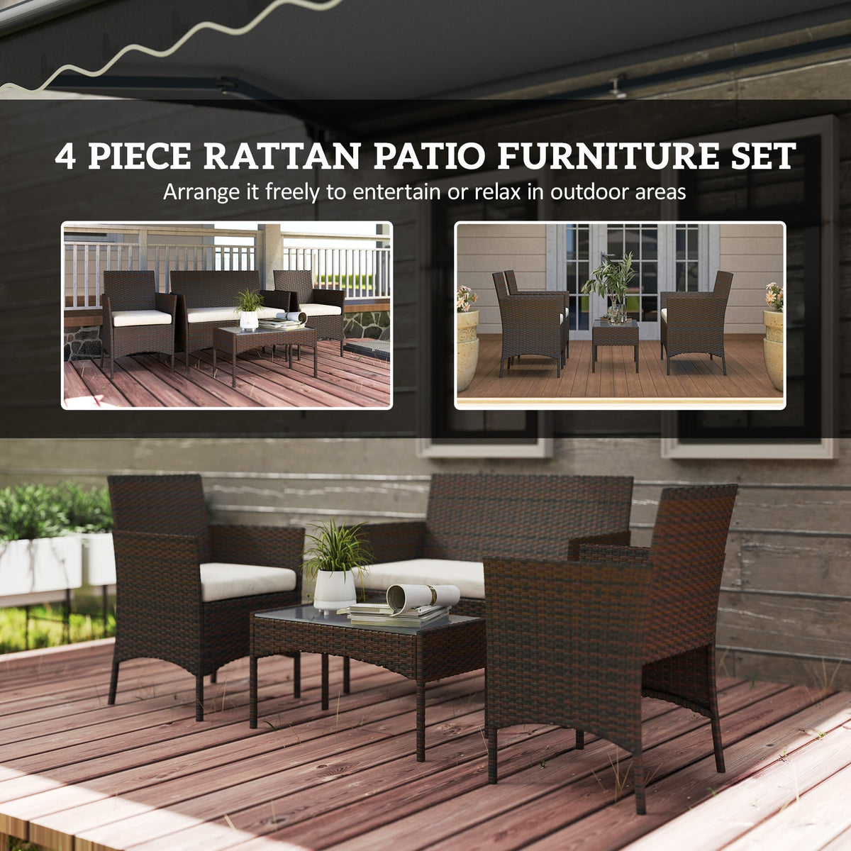 Outsunny 4 Piece Rattan Garden Furniture Sofa Set with Loveseat, Armchairs, Glass-Top Coffee Table and Cushions, Brown