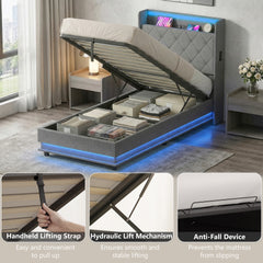 HOMCOM 3ft Single Bed Frame with Headboard, Platform Bed Frame with Hydraulic Storage, LED Lights and Charging Station, Grey