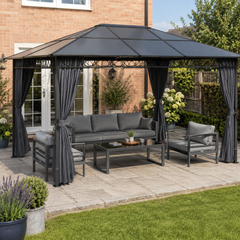 Outsunny 3 x 4 m Outdoor Hardtop Gazebo Canopy with PC Roof, Aluminium Permanent Pavilion Garden Gazebo with Curtains, Dark Grey