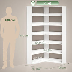 HOMCOM 7 Tiers Bookshelf, L-Shaped Corner Bookcase with Anti-Slip Rear Guard, White Wood Effect