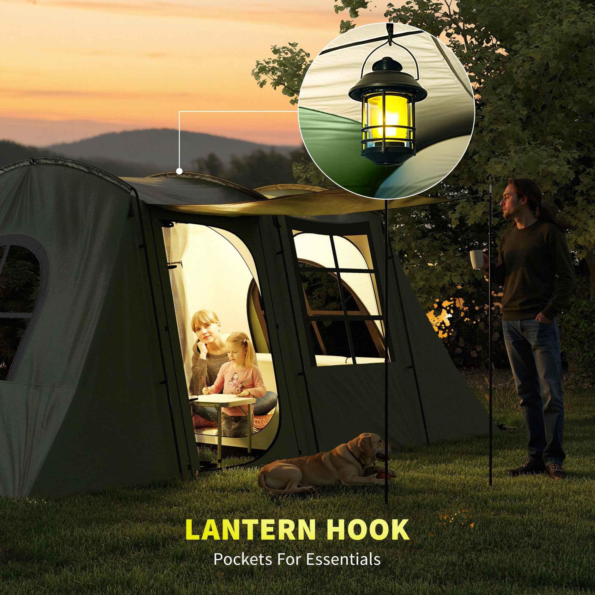 Outsunny 4 Man Tunnel Tent, Family Camping Tent with Porch, Bedroom and Living Area, Sewn in Groundsheet, 3000mm Waterproof, Portable with Bag for Hiking, Festival, Backpacking, Green