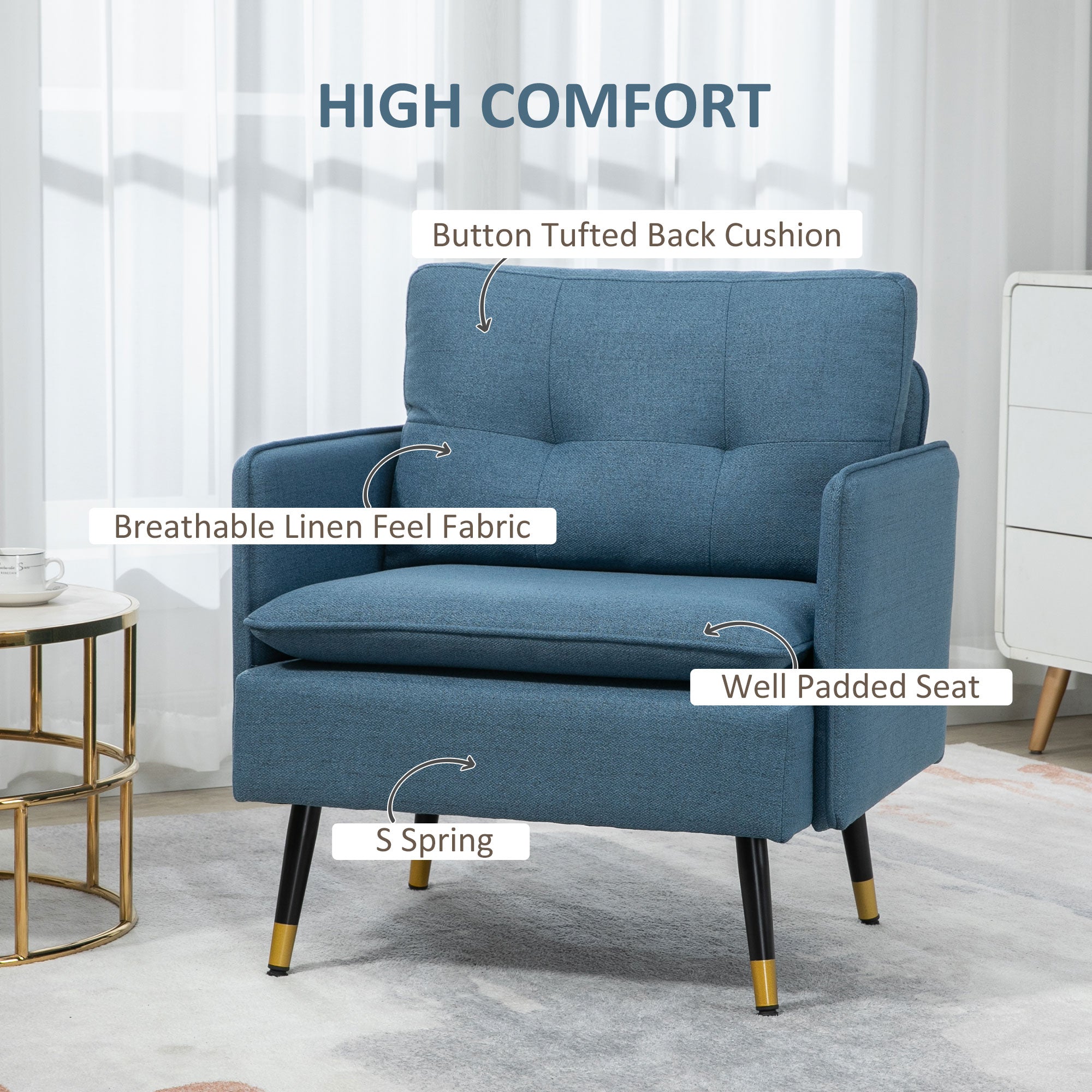 HOMCOM Modern One Seater Sofa, Button Tufted Armchair with Cushions and Steel Legs, Accent Chair for Living Room, Guest Room, Dark Blue