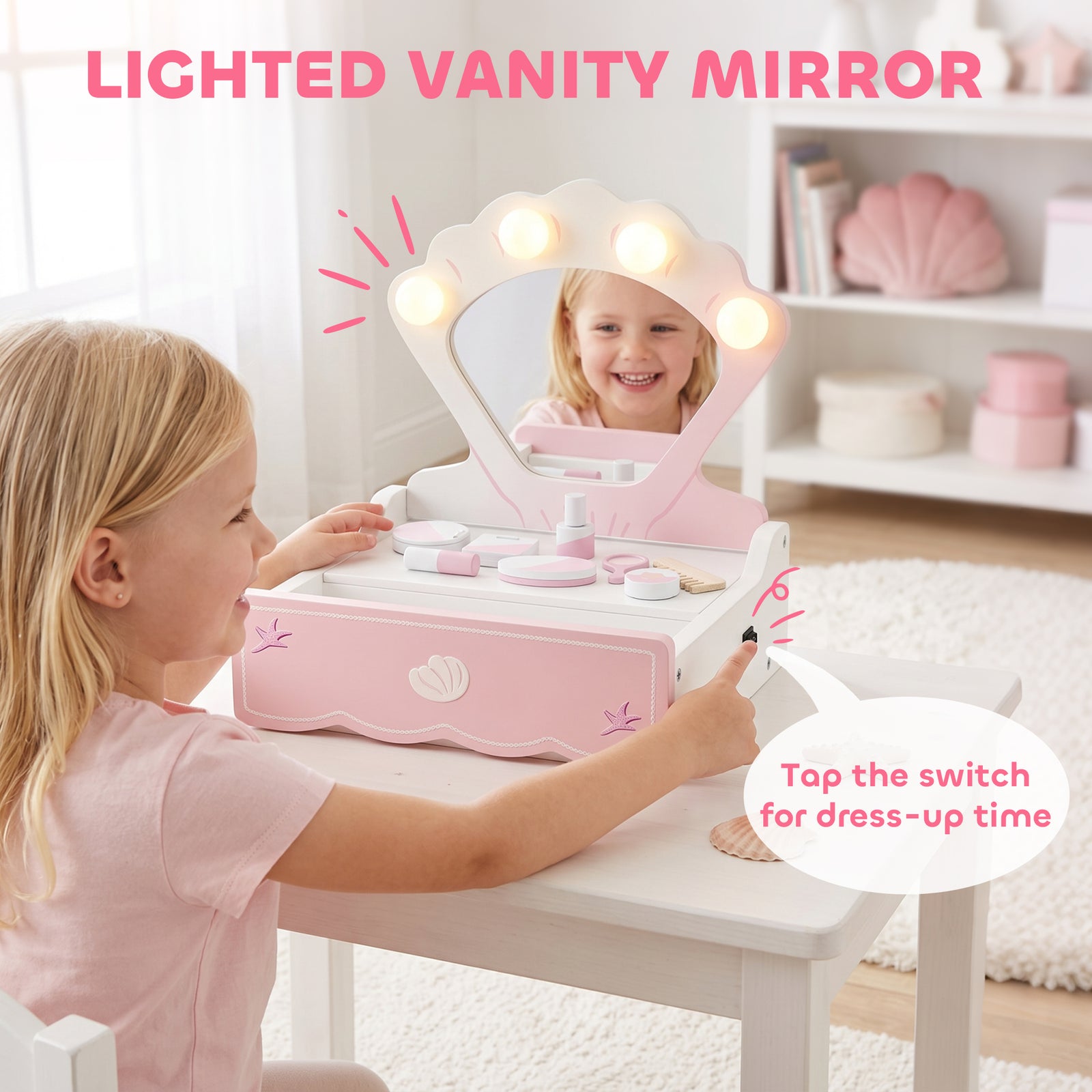AIYAPLAY Kids Vanity Table, Portable Girls Dressing Table with Lights, Mirror, Drawer, Accessories, Gift for Girls 3-6 Years