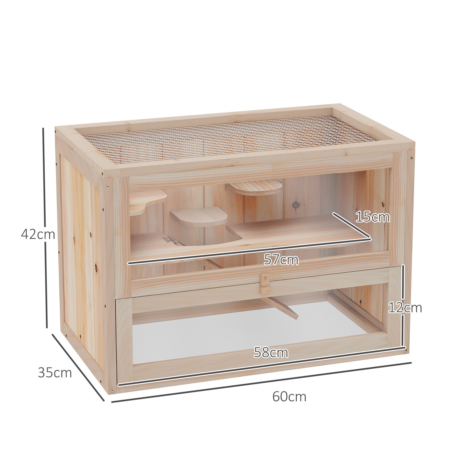 PawHut Wooden Hamster Cage Mouse Mice Rodent Small Animals Hutch Exercise Play House 60 x 35 x 42cm, Natural Wood Finish