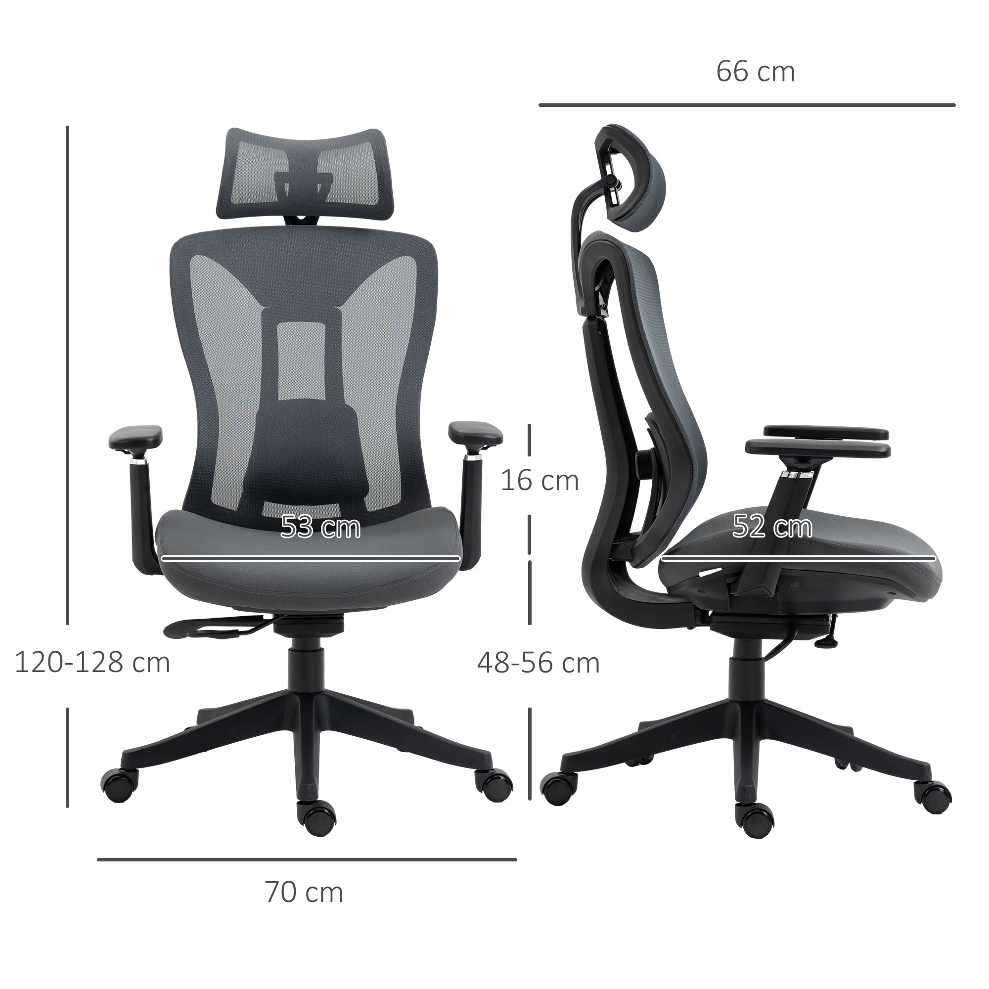 Vinsetto Mesh Office Chair, Ergonomic Desk Chair, Computer Chair with Adjustable Headrest and Lumbar Support, 135  Reclining Back and 3D Armrest for Home Office Study, Grey