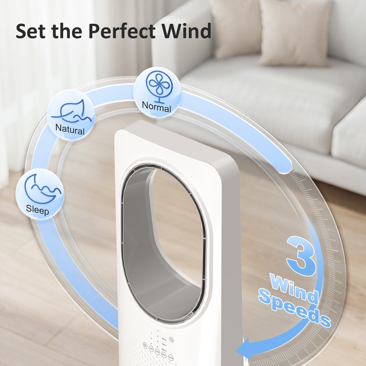 HOMCOM Bladeless Tower Fan for Bedroom, 36dB Standing Cooling Fan with Oscillating, 3 Speeds, 3 Modes, 15H Timer, White