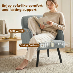 HOMCOM Lounge Chair Velvet Upholstered Armchair with Spring Cushion for Living Room Bedroom Grey