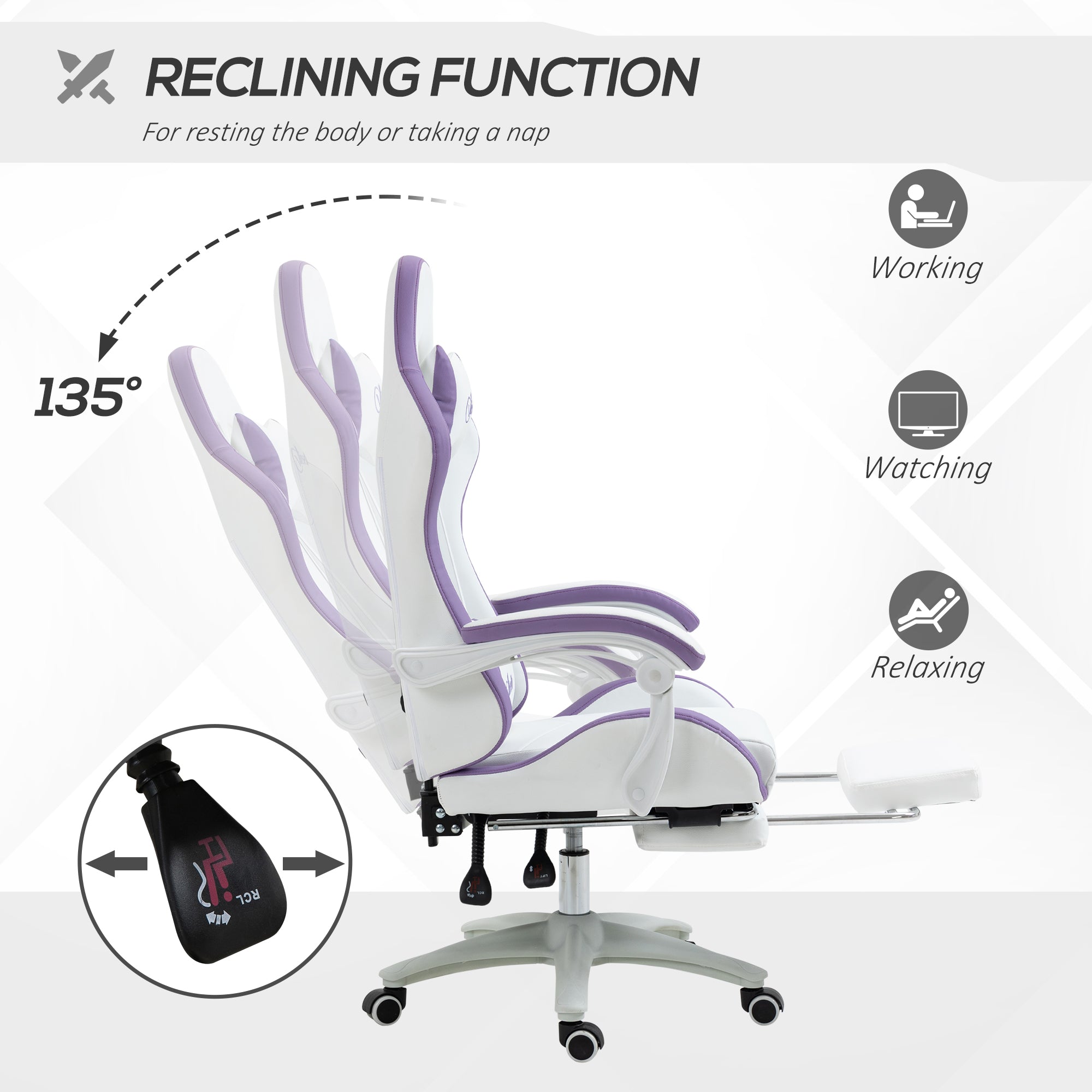 Vinsetto Computer Gaming Chair, PU Leather Office Desk Chair with Footrest, Swivel Wheels, 135√Ç¬∞ Reclining Back, Lumbar Support, Headrest for Home, White and Purple