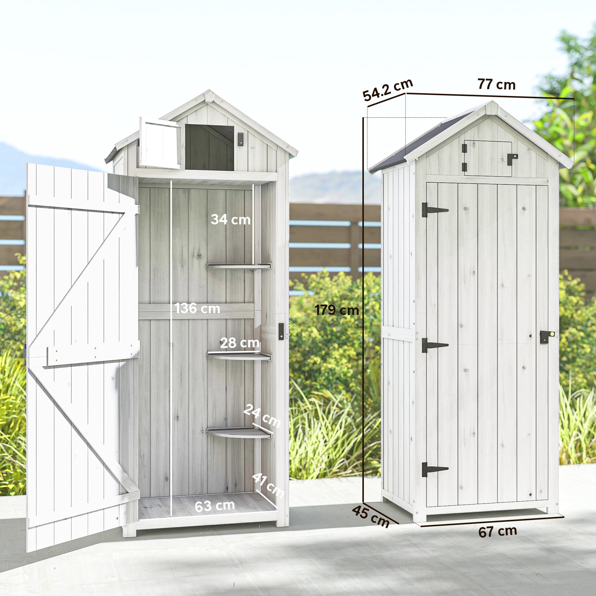 Outsunny Small Shed, Tall Slim Wooden Garden Shed with 3 Removable Shelves and Roof Hatch, Compact Outdoor Tool Storage Cabinet with Asphalt Roof and Door Latch, 77 x 54.2 x 179 cm, Light Grey