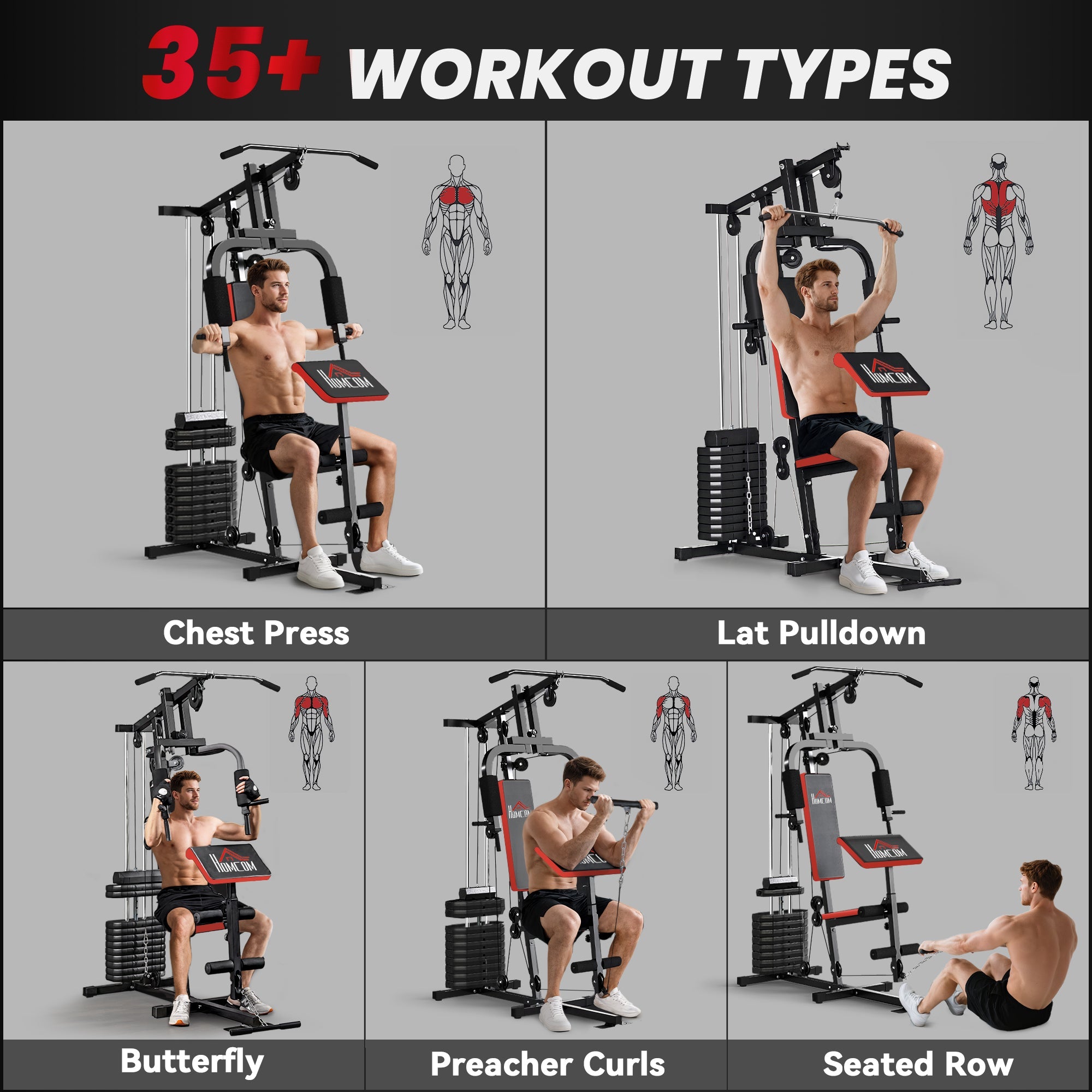 HOMCOM Multigym Station, with 66KG Weight Stack, for Strength Training - Red & Black