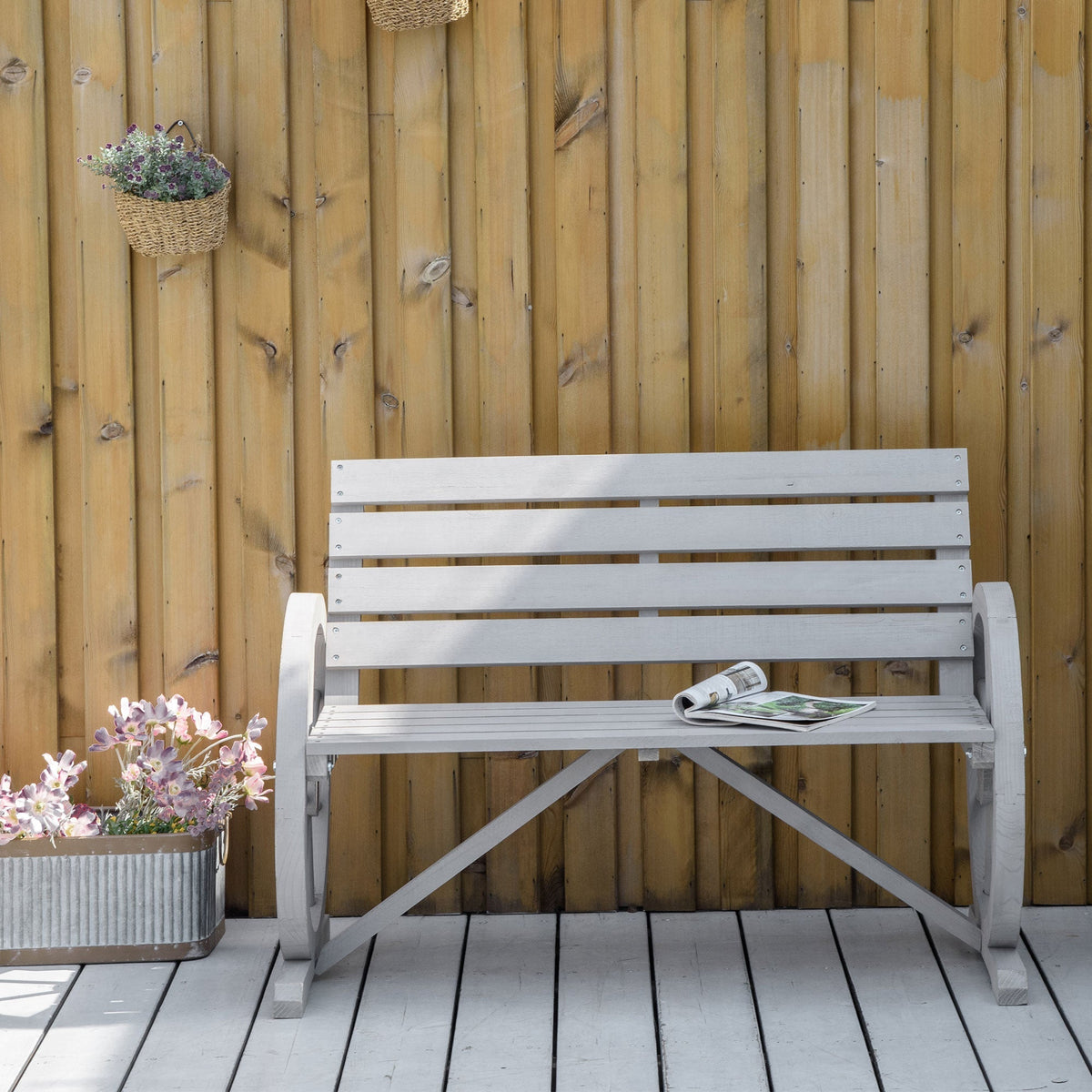 Outsunny Wooden Cart Wagon Wheel 2 Seater Garden Bench Outdoor Garden Armrest Chair Rustic High Back Loveseat Grey