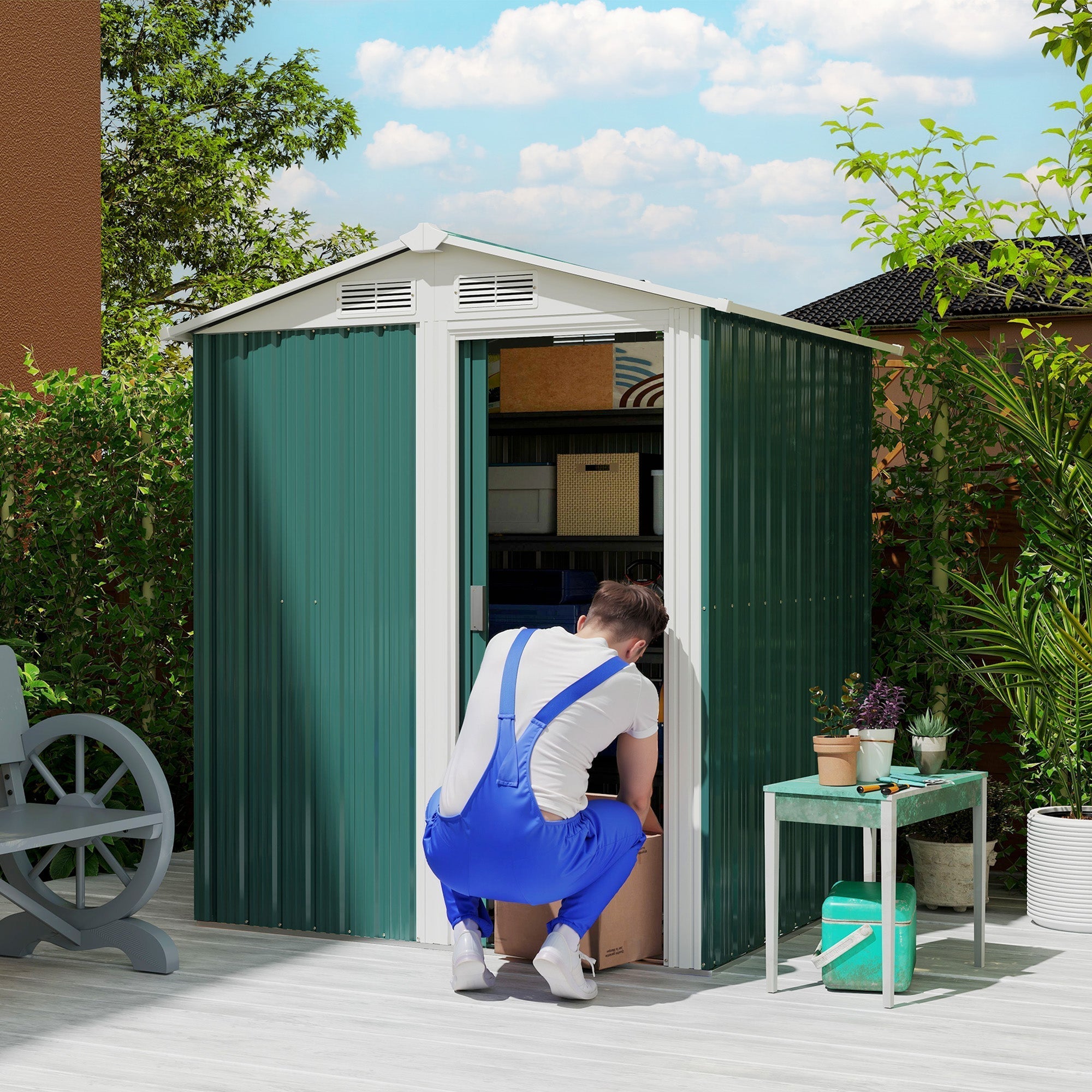 Outsunny Garden Metal Tool Storage Shed with Sliding Door, Sloped Roof and Floor Foundation, 152 x 132 x 188cm, Green