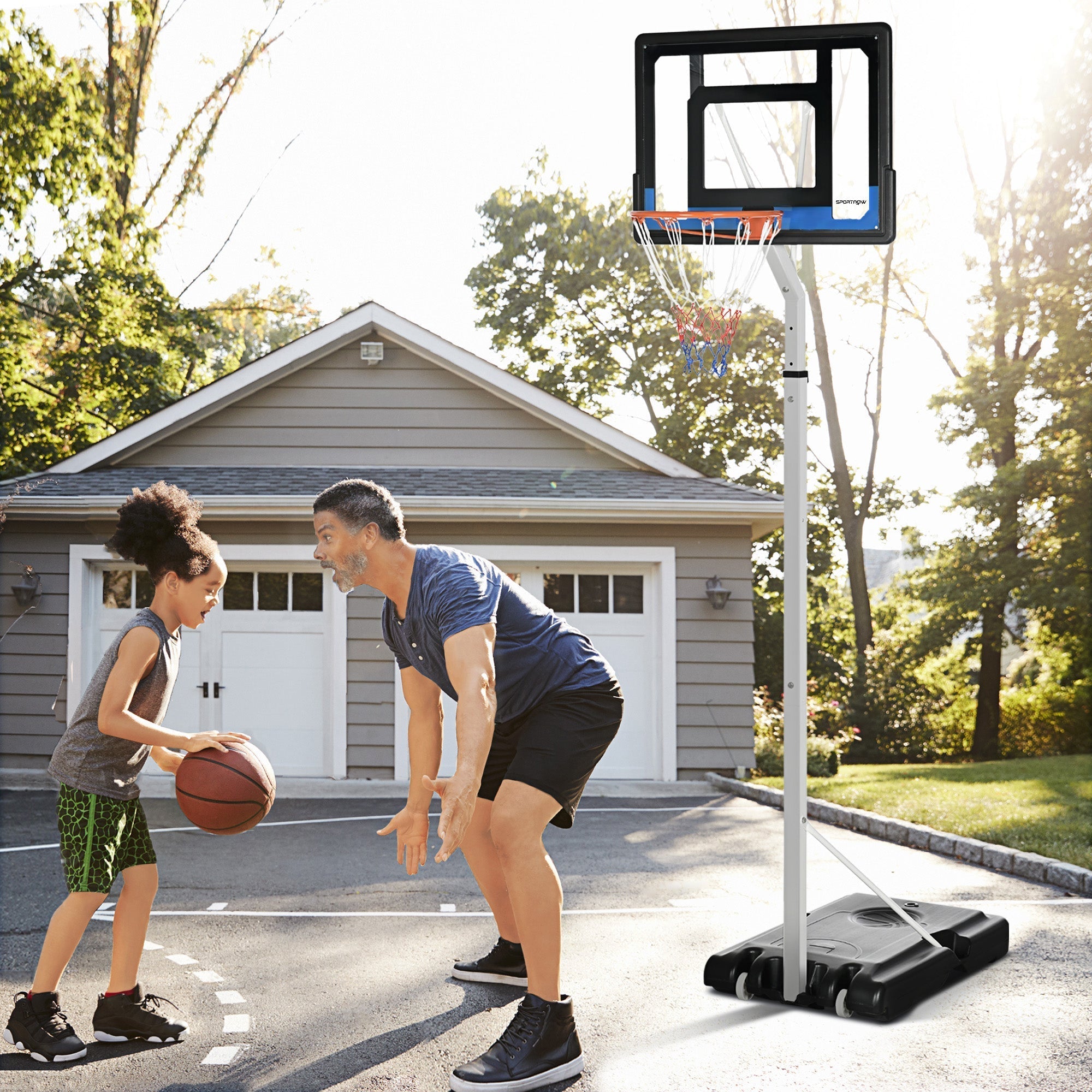SPORTNOW 2.6-3.1m Adjustable Basketball Hoop and Basketball Stand w/ Backboard and Weighted Base, Portable on Wheels, White