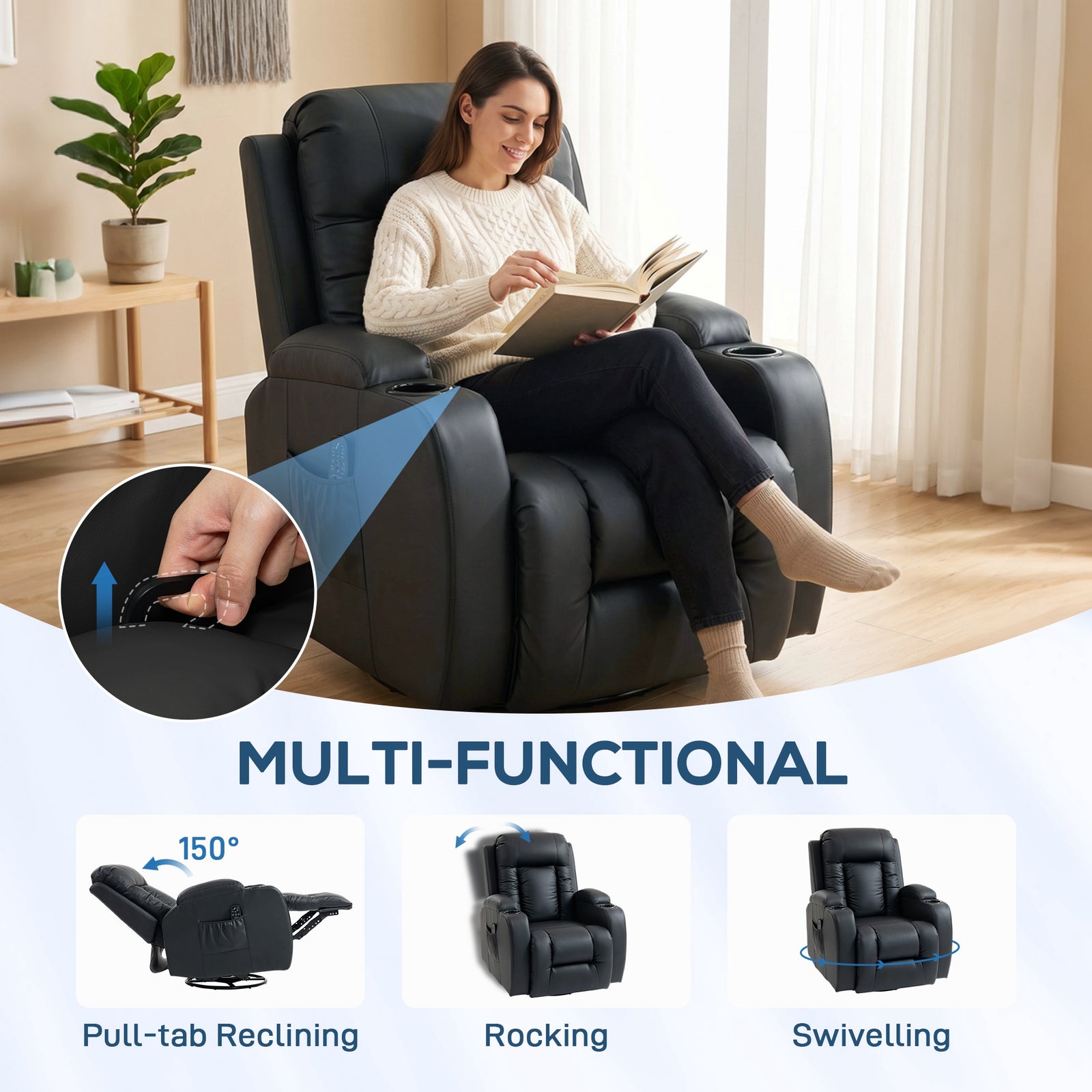 HOMCOM PU Leather Recliner Chair, Recliner Armchair with Extended Footrest, Cup Holders and Side Pockets, Black