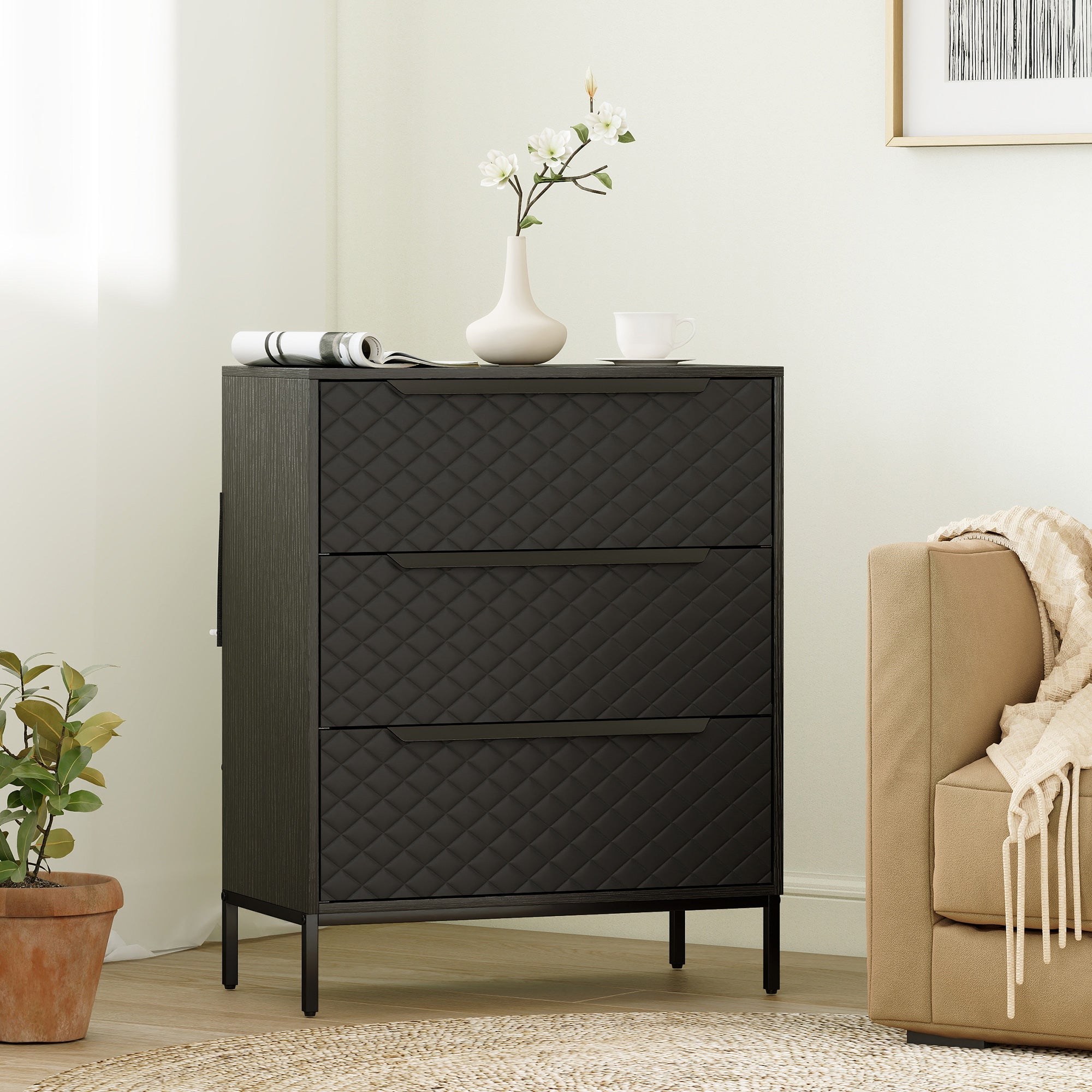 HOMCOM Chest of Drawers, Dresser with 3 Fabric Drawers and Aluminium Handles - Black