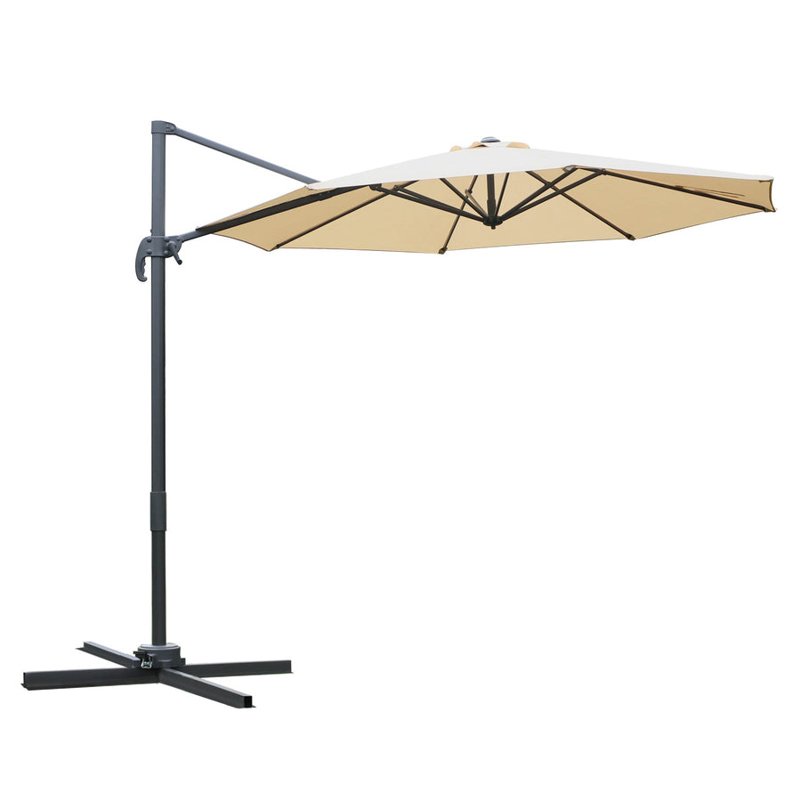 Outsunny Round Umbrella Parasol with Tilt 360° Rotation and Hand Crank Cross Base - Beige
