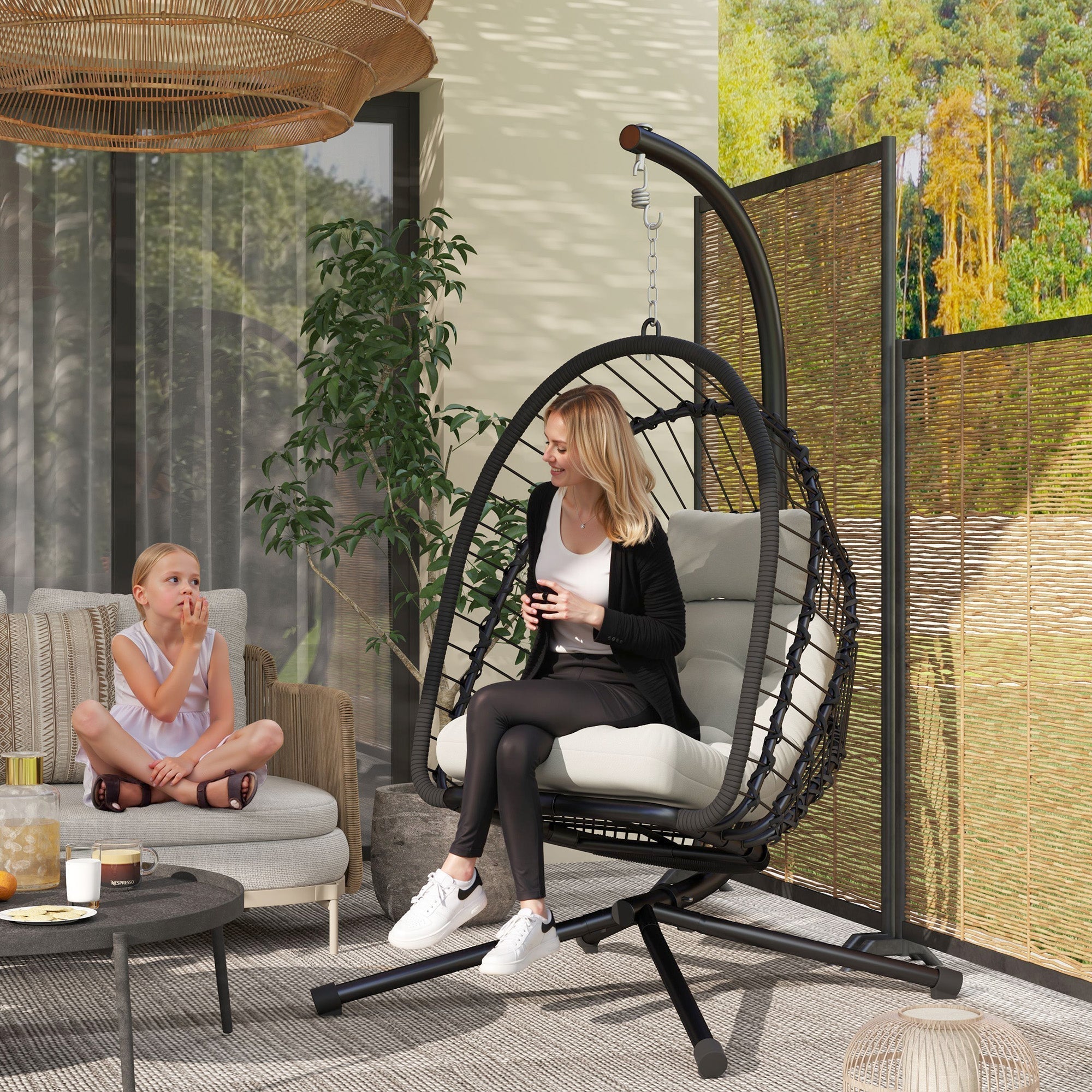 Outsunny Outdoor PE Rattan Swing Chair with Foldable Basket and Cushion, Garden Patio Hanging Egg Chair with Metal Stand, Headrest for Indoor and Outdoor, Black