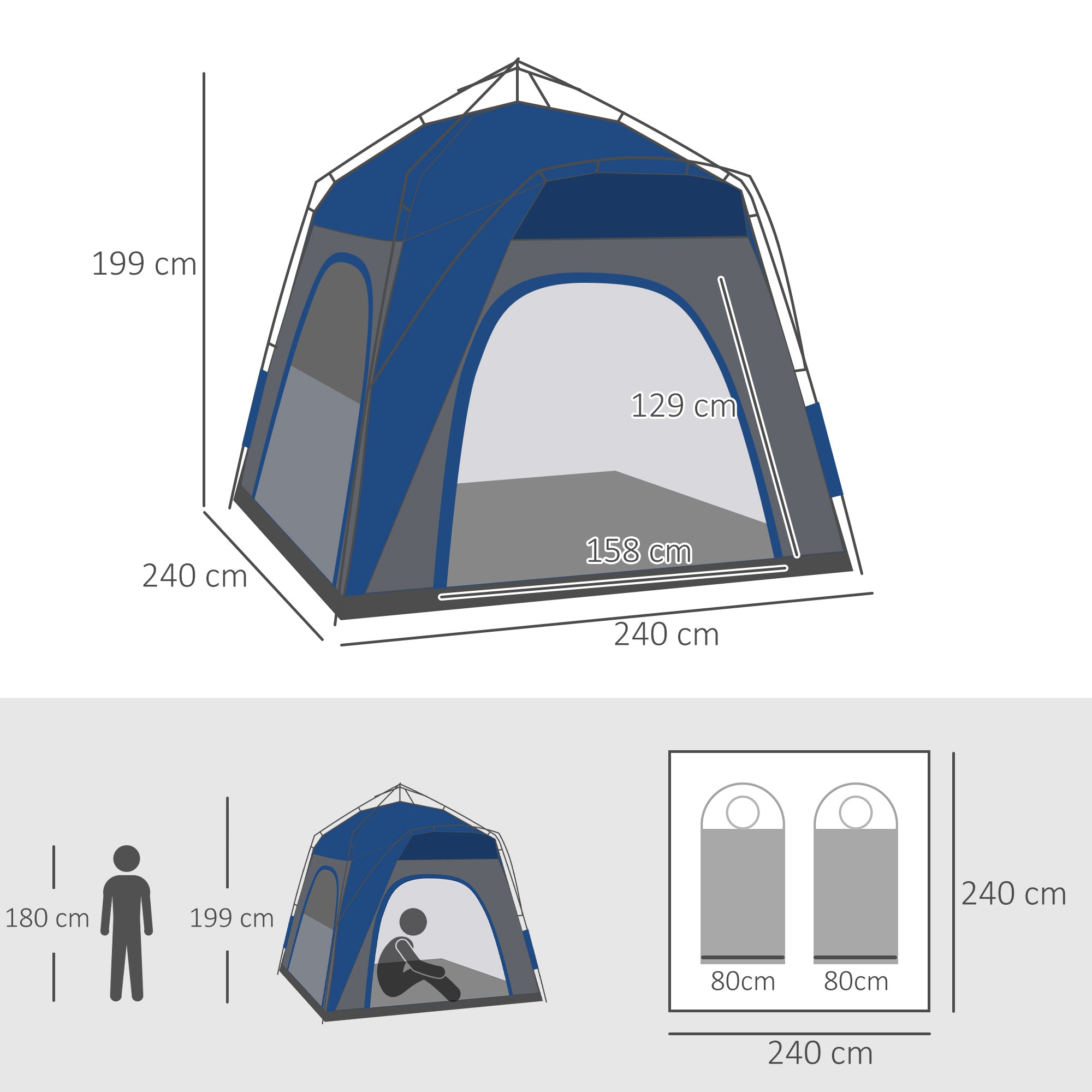 Outsunny Instant Pop Up Camping Tent, 4 Man Dome Tent with 4 Doors, Sewn-in Groundsheet, Carry Bag and Top Hook for Fishing Hiking Festival, Grey