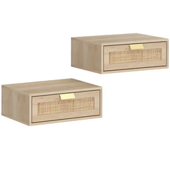 HOMCOM Floating Bedside Tables Set of 2, Wall Mounted Bedside Cabinets with Rattan Drawer and Wood Effect, Oak