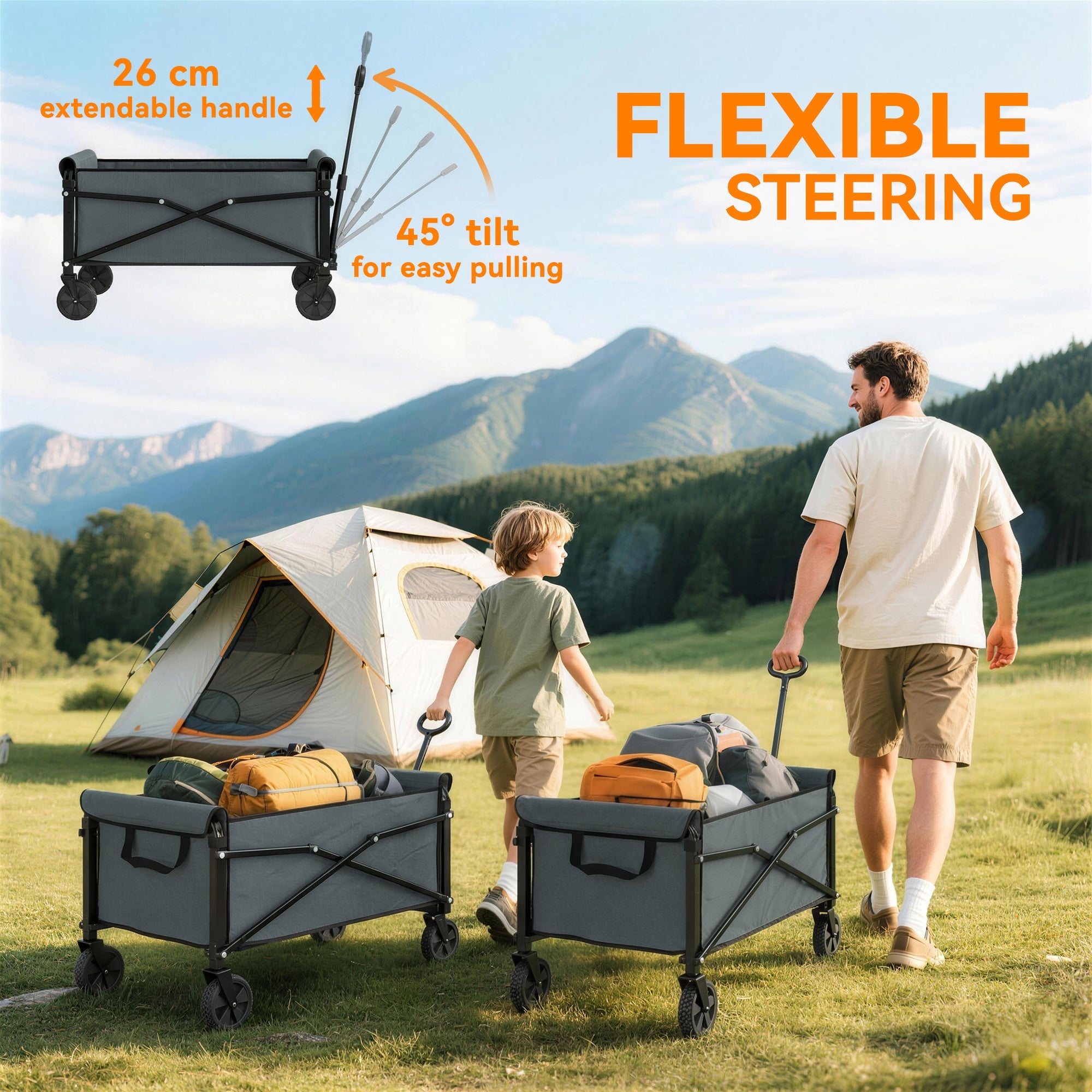 Outsunny 81L Festival Trolley on Wheels, Compact Garden Folding Trolley Cart with Adjustable Handle 80L, Grey
