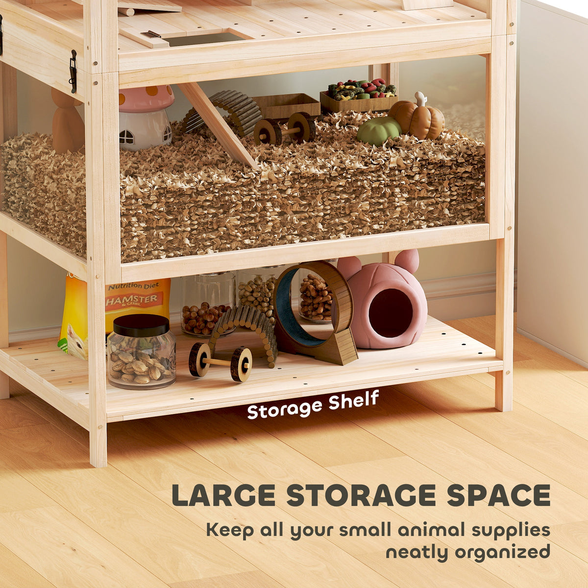 PawHut Wooden Hamster Cage with Detachable Lower Floor, Storage Shelf, Hut, Seesaw, Exercise Wheel, Ramps for Hamster